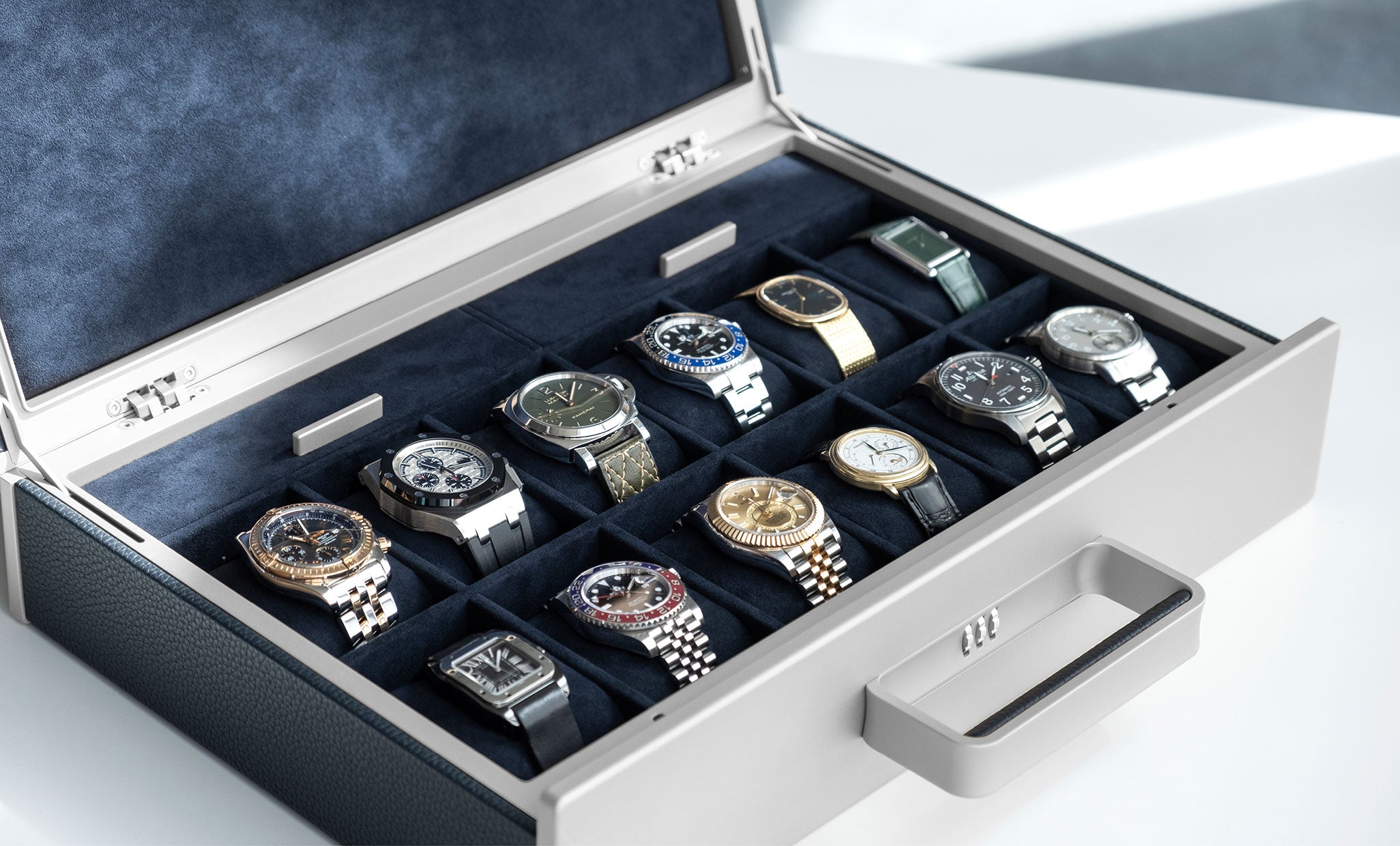 watch briefcases for watch collectors, open watch briefcase for up to 12 watches with golden casing