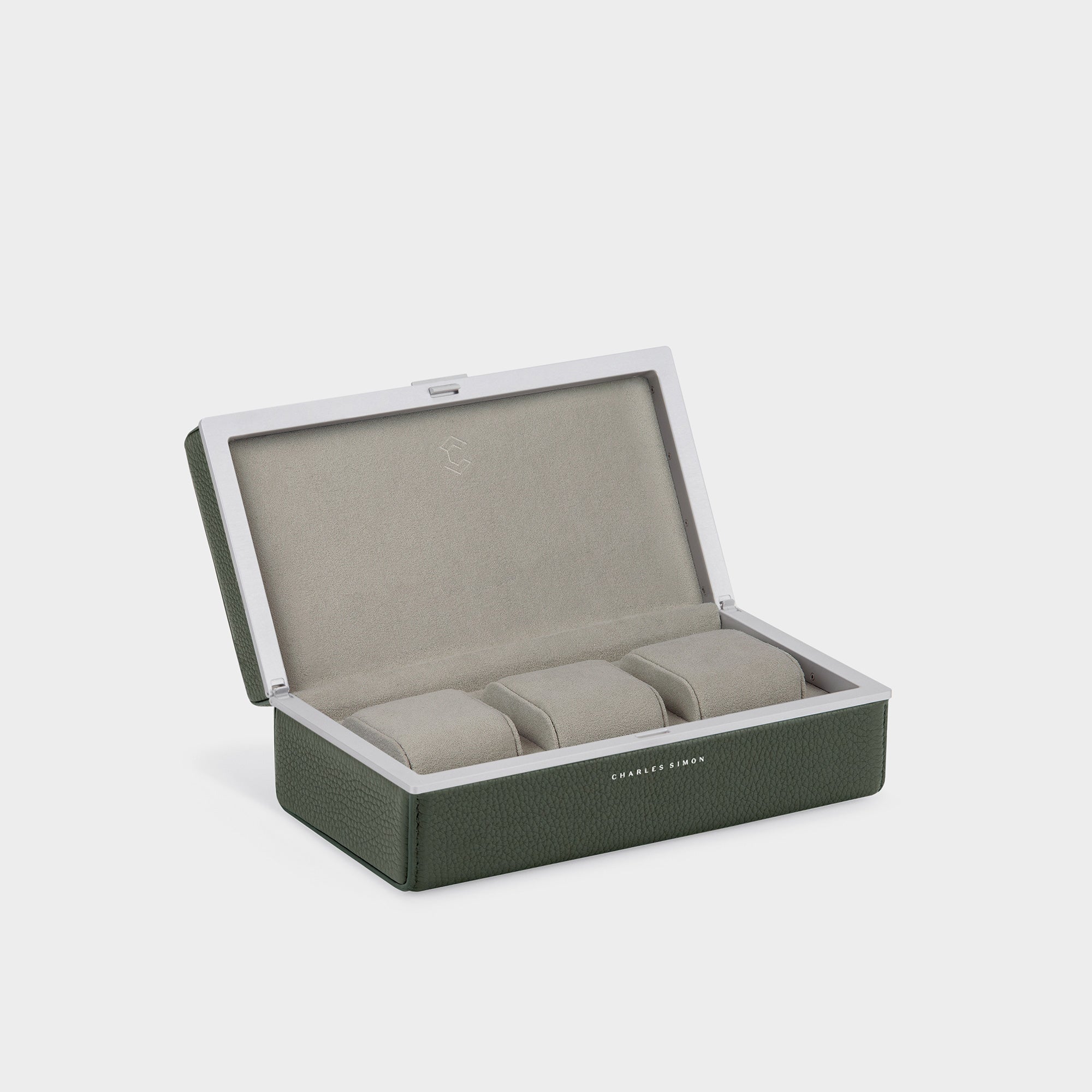 Charles Simon Eaton 3 watch case in khaki made from anodized aluminum, premium French leather and soft Alcantara lining.