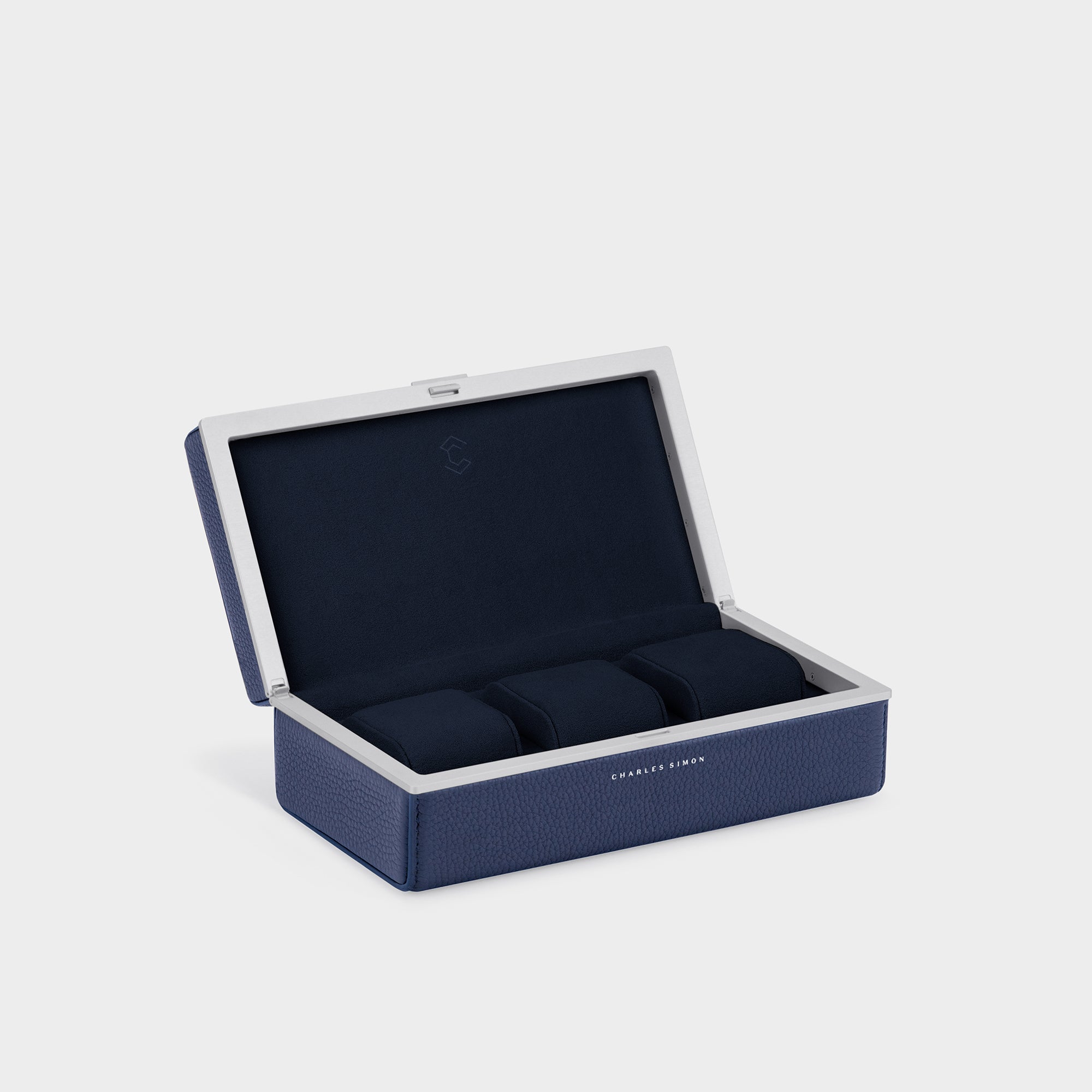 Charles Simon Eaton 3 watch case made from sapphire French leather and deep blue soft Alcantara interior lining