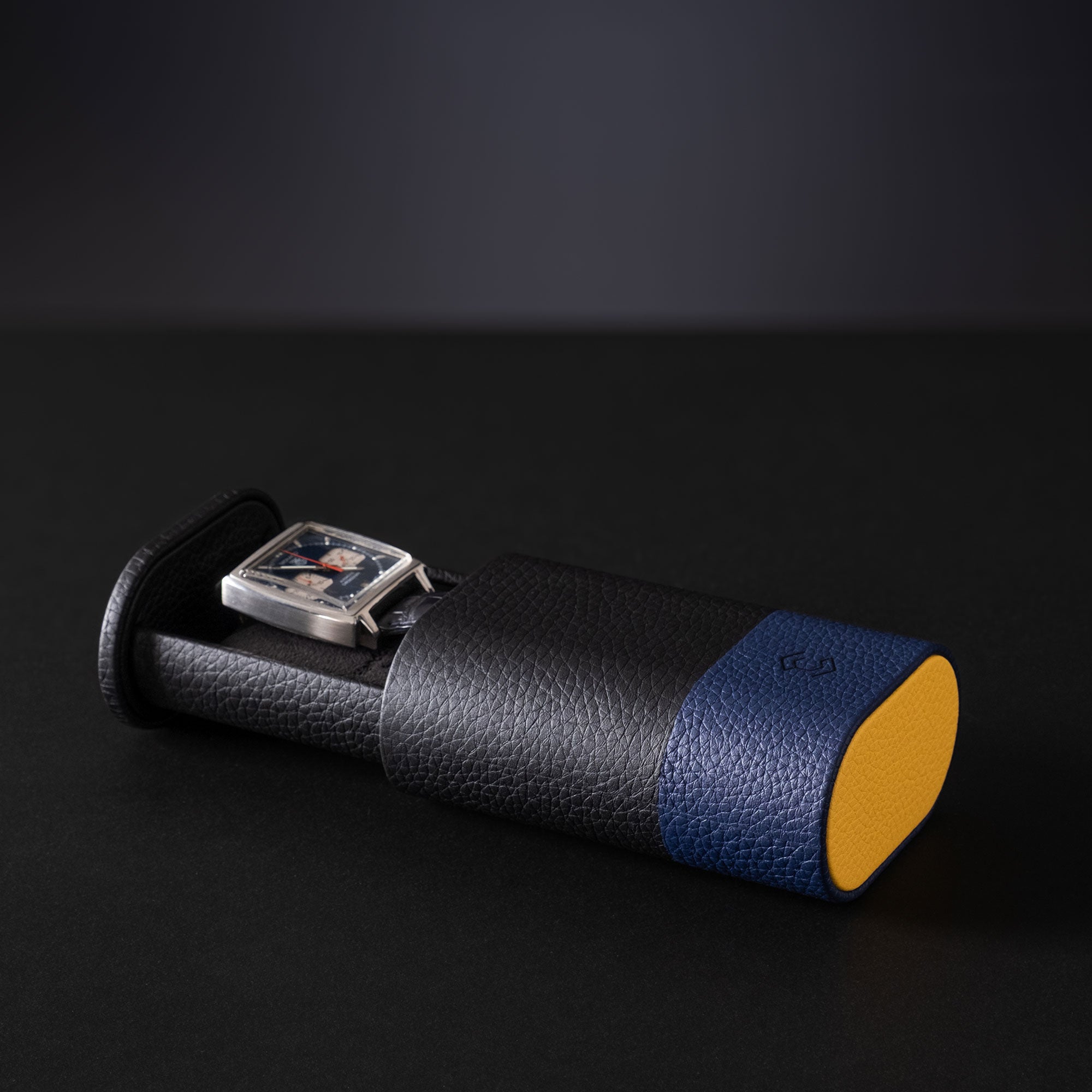 Leather watch roll premium single watch holder, durable leather case for everyday and travel use in black and blue.