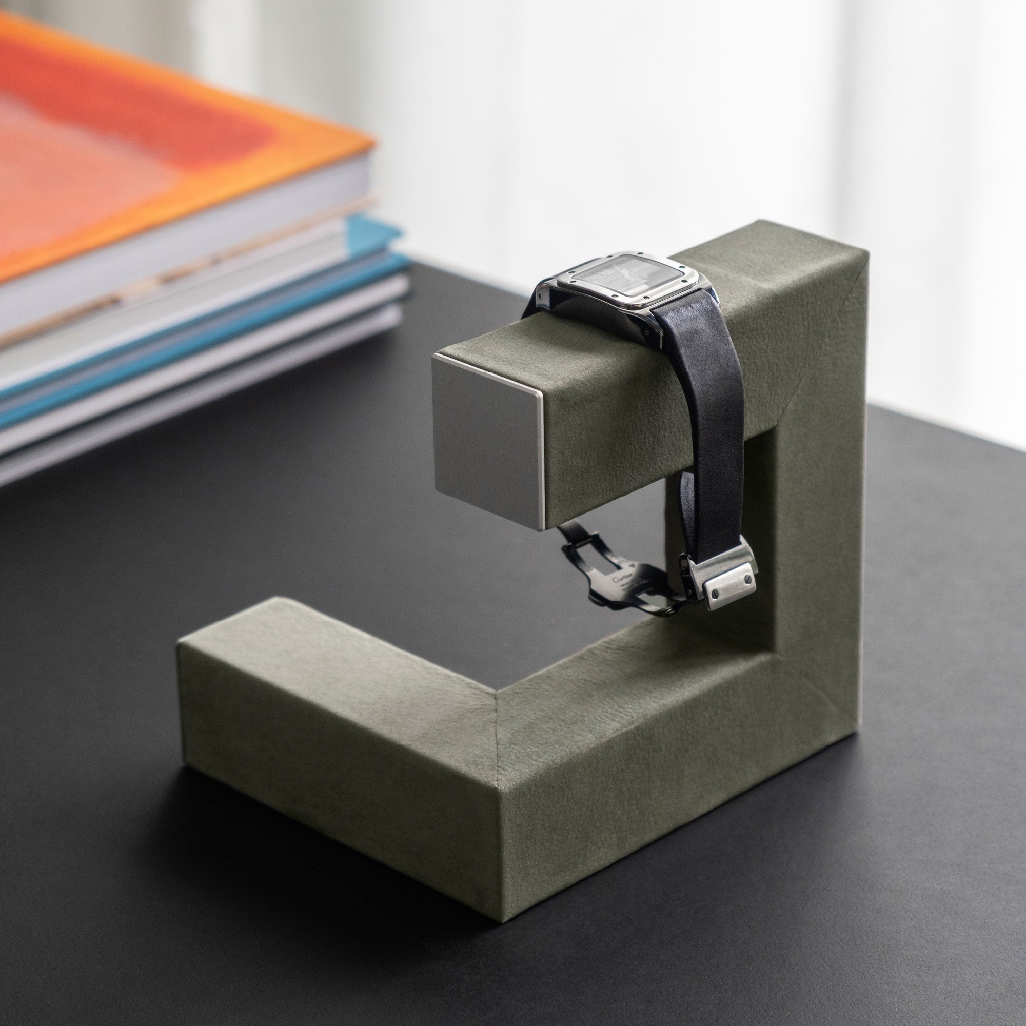 Luxury watch being displayed on Hudson 1 Watch stand in sage