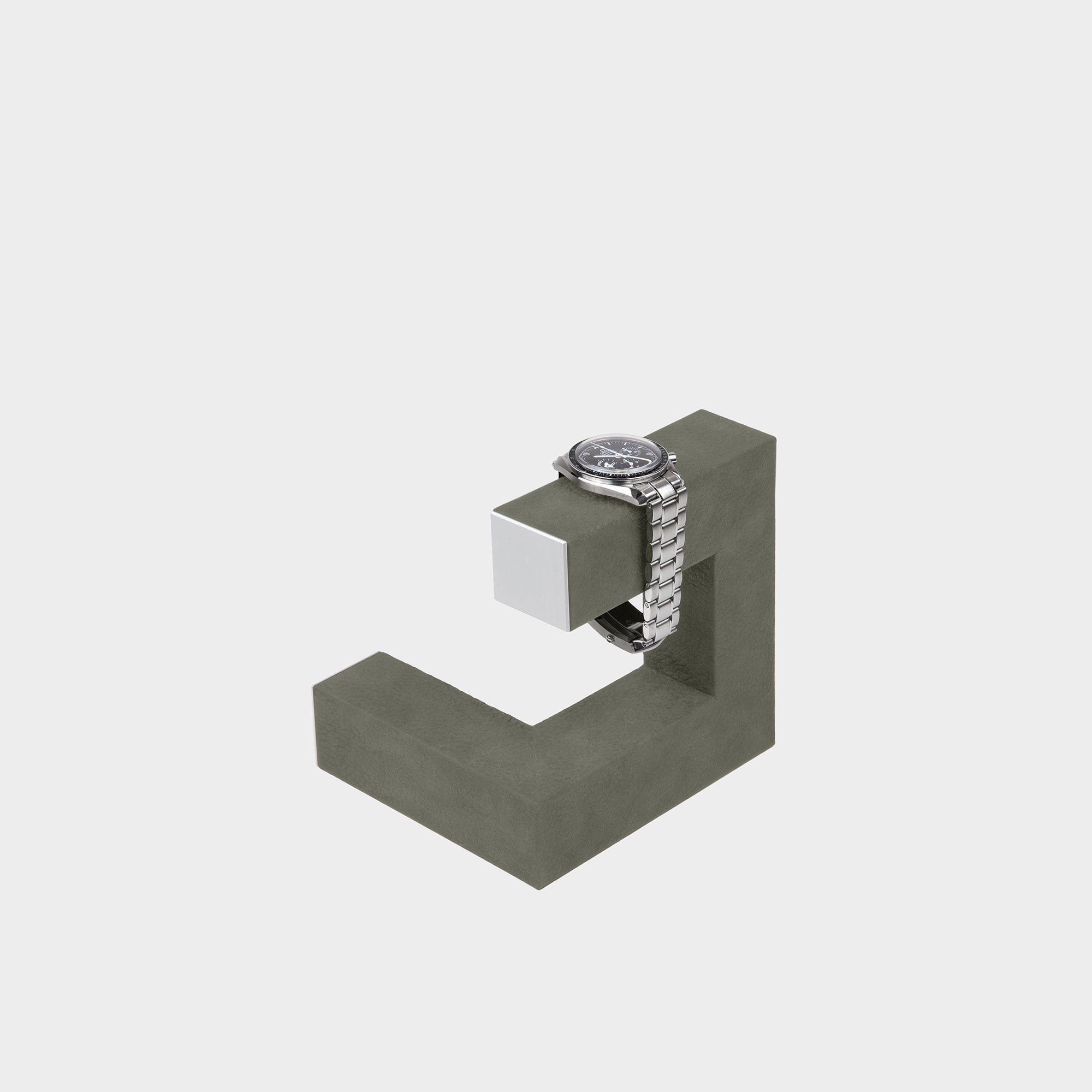 Charles Simon Hudson 1 watch stand in sage nubuck holding 1 watch
