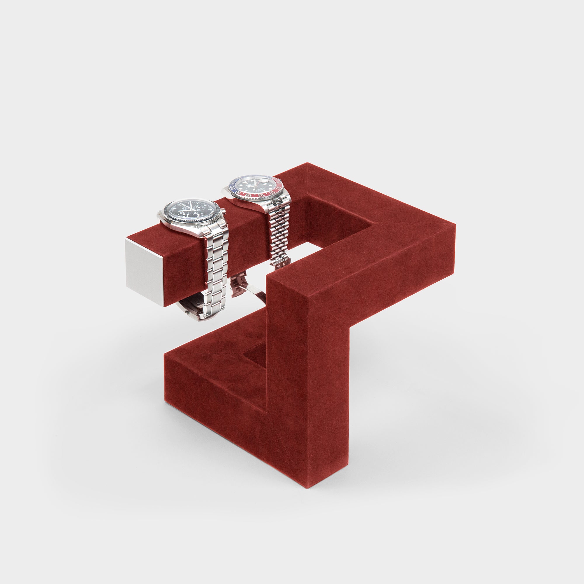 Hudson 3 watch stand handmade from crimson nubuck leather holding 2 luxury watches