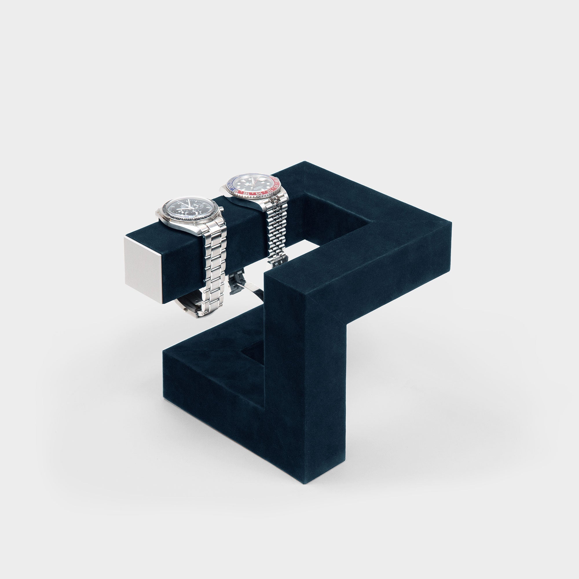Charles Simon minimalist Hudson 3 watch stand holding 2 luxury watches. Handmade in Canada