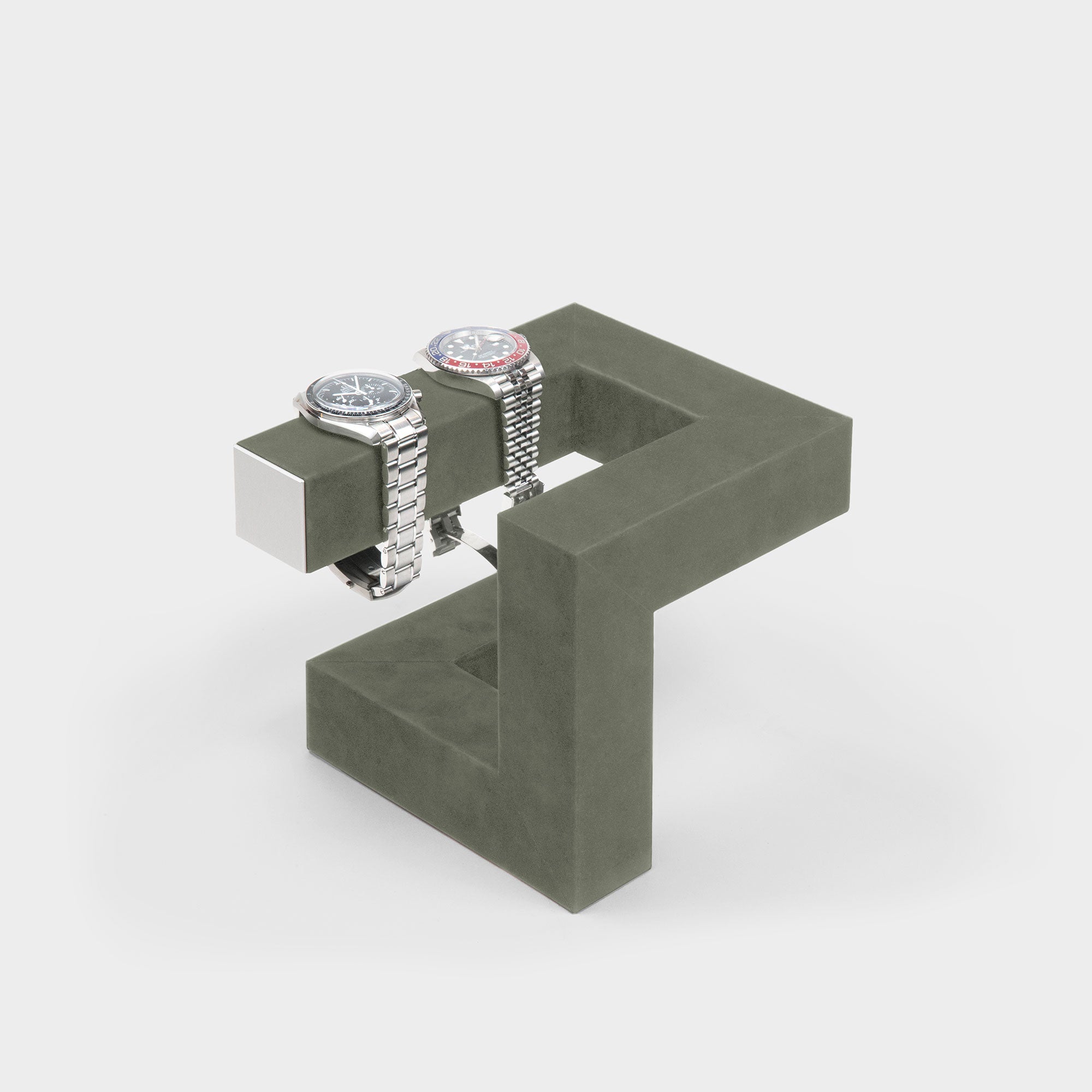 Hudson 3 watch stand in sage holding 2 luxury watches