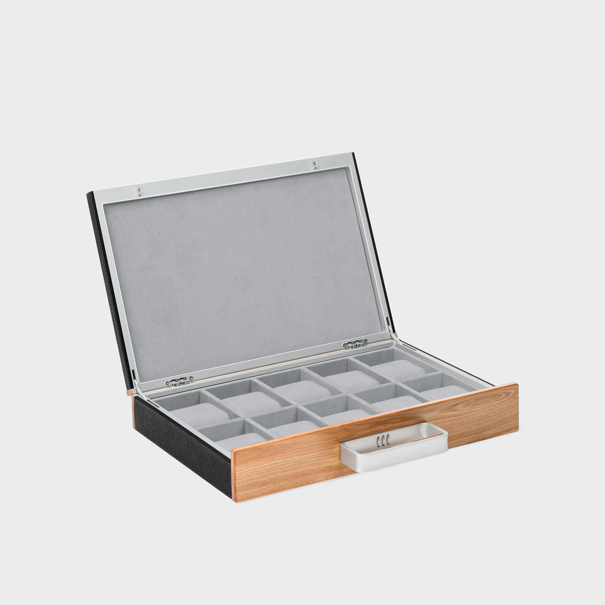 Charles Simon Mackenzie Original luxury watch briefcase in black leather, fog grey Alcantara interior and recycled maple wood accents