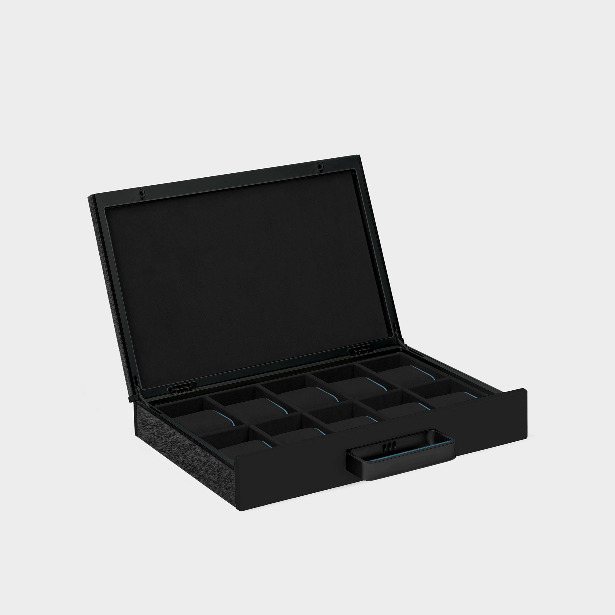 Handmade watch briefcase for 10 watches. Made from French bull leather, black carbon fiber and anodized aluminum and black Alcantara. Featuring contrasting blue leather accents on the handle and sides of the removable Alcantara cushions.