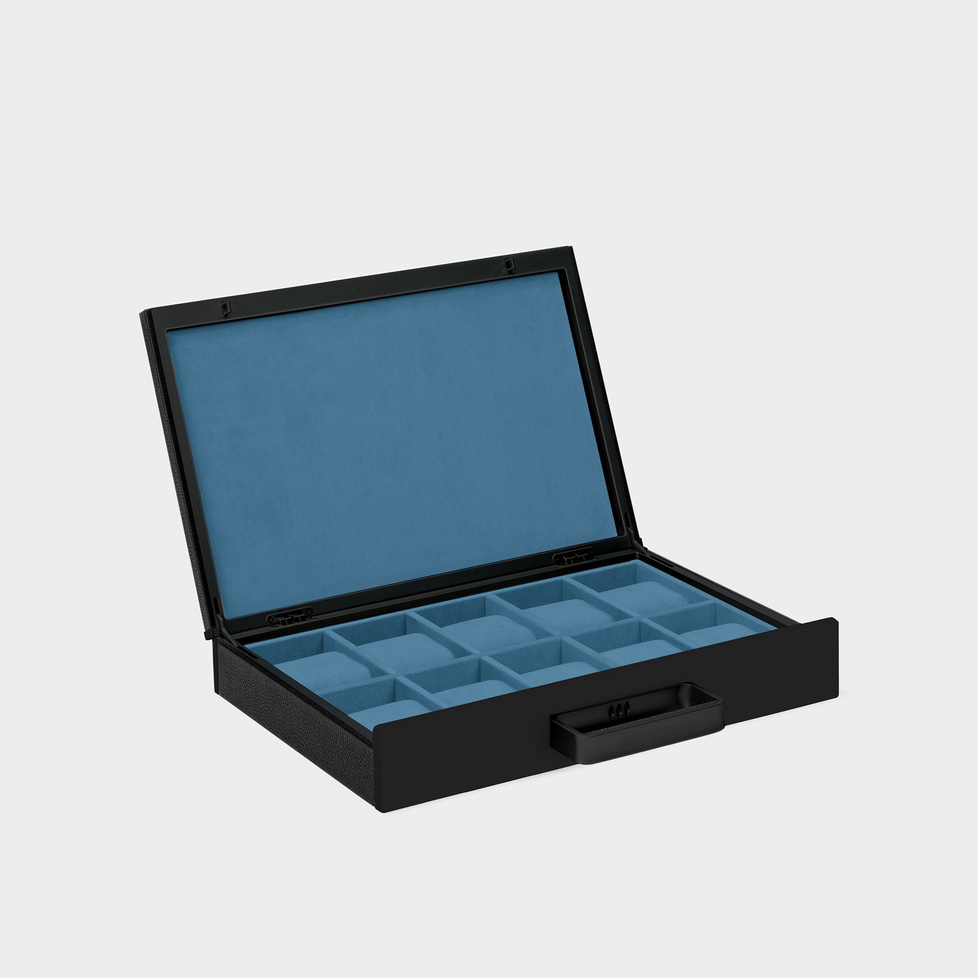 Charles Simon Mackenzie 10 watch briefcase in all black with Cyan blue interior made from fine leather, aluminum and carbon fiber casing and soft Alcantara interior lining