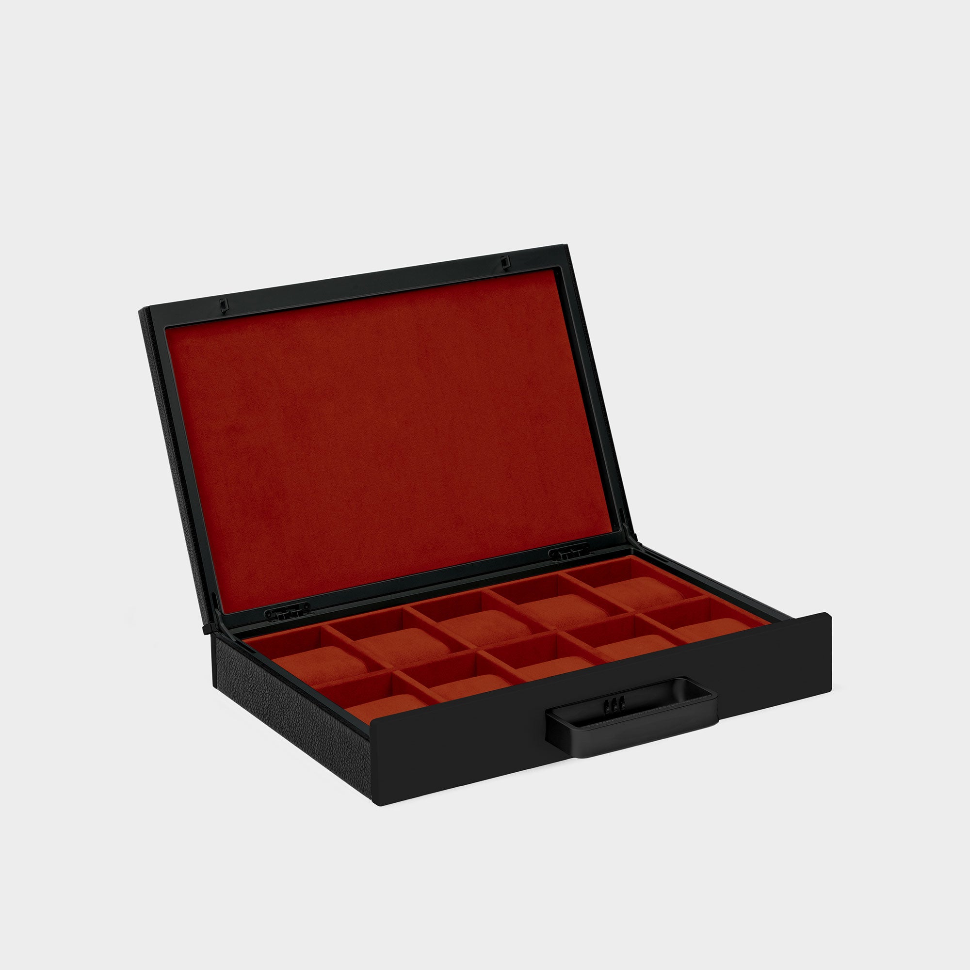 Charles Simon Mackenzie 10 watch briefcase in all black with Vermilion red interior made from fine leather, aluminum and carbon fiber casing and soft Alcantara interior lining