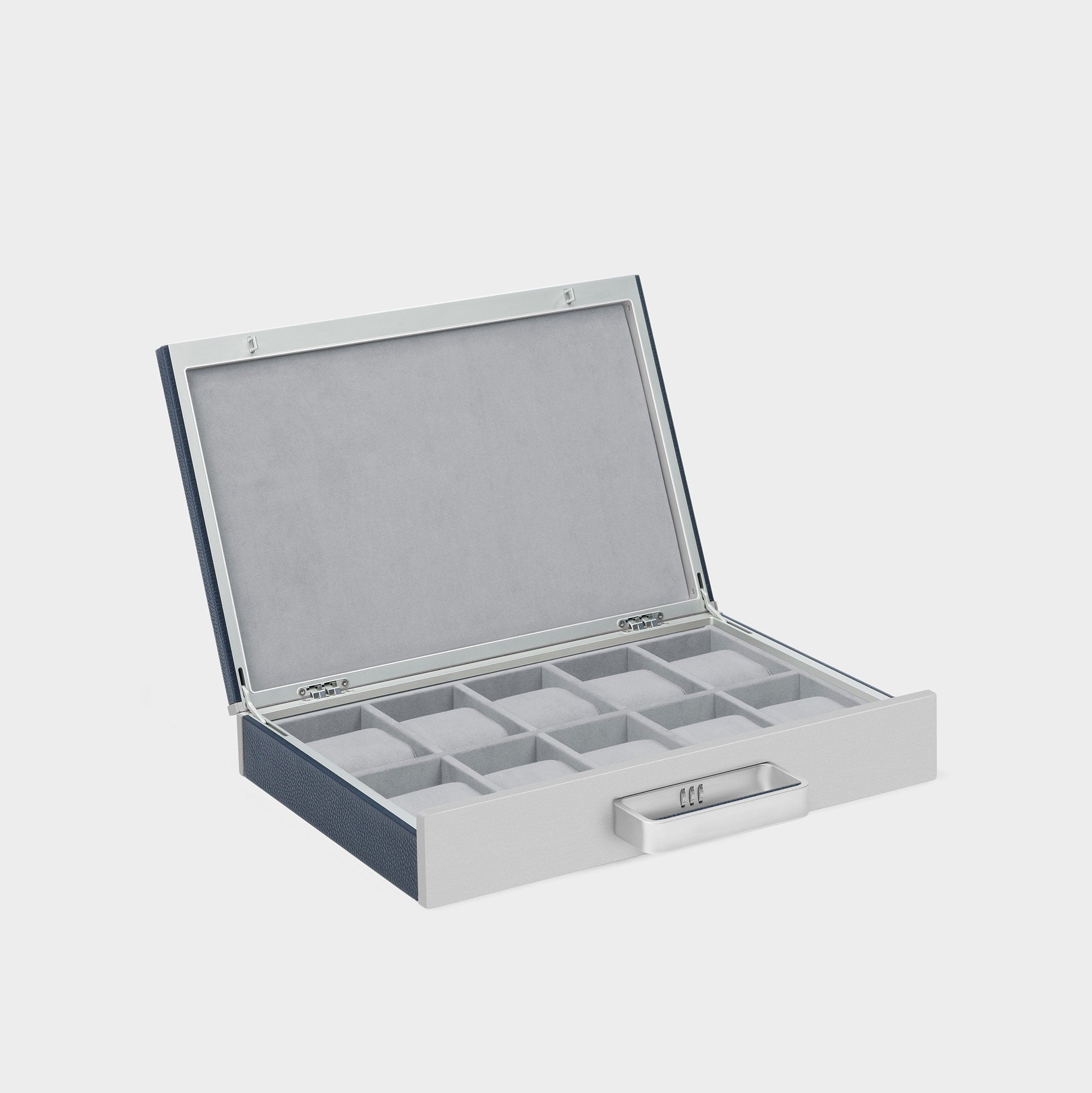 Product photo of open Mackenzie 10 watch briefcase in marine leather and fog grey interior lining