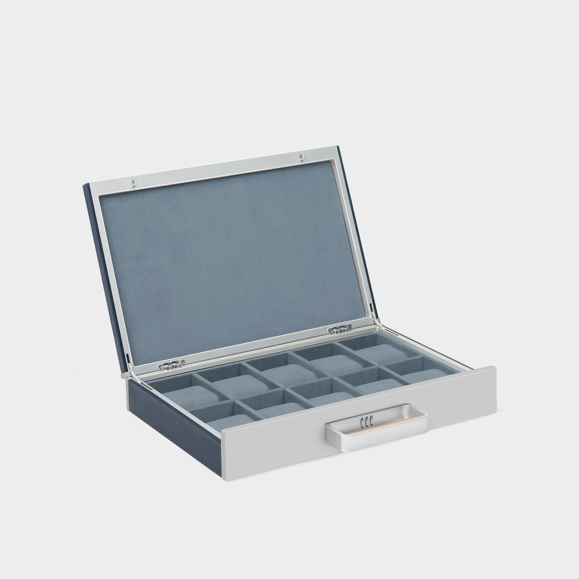 Product photo of open Mackenzie 10 Watch briefcase in marine leather and smoky blue Alcantara interior