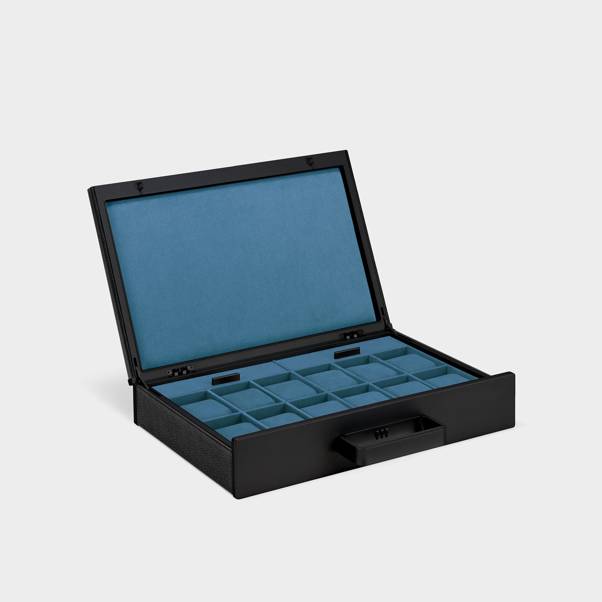 Charles Simon Mackenzie 12 watch briefcase in all black with Cyan blue interior made from fine leather, aluminum and carbon fiber casing and soft Alcantara interior lining