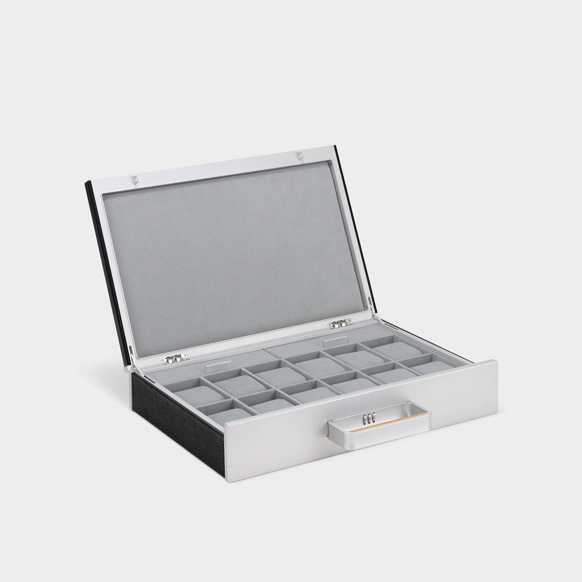 Product photo of open Mackenzie 12 Watch briefcase in black leather and fog grey interior with wooden handle made from recycled Canadian wood