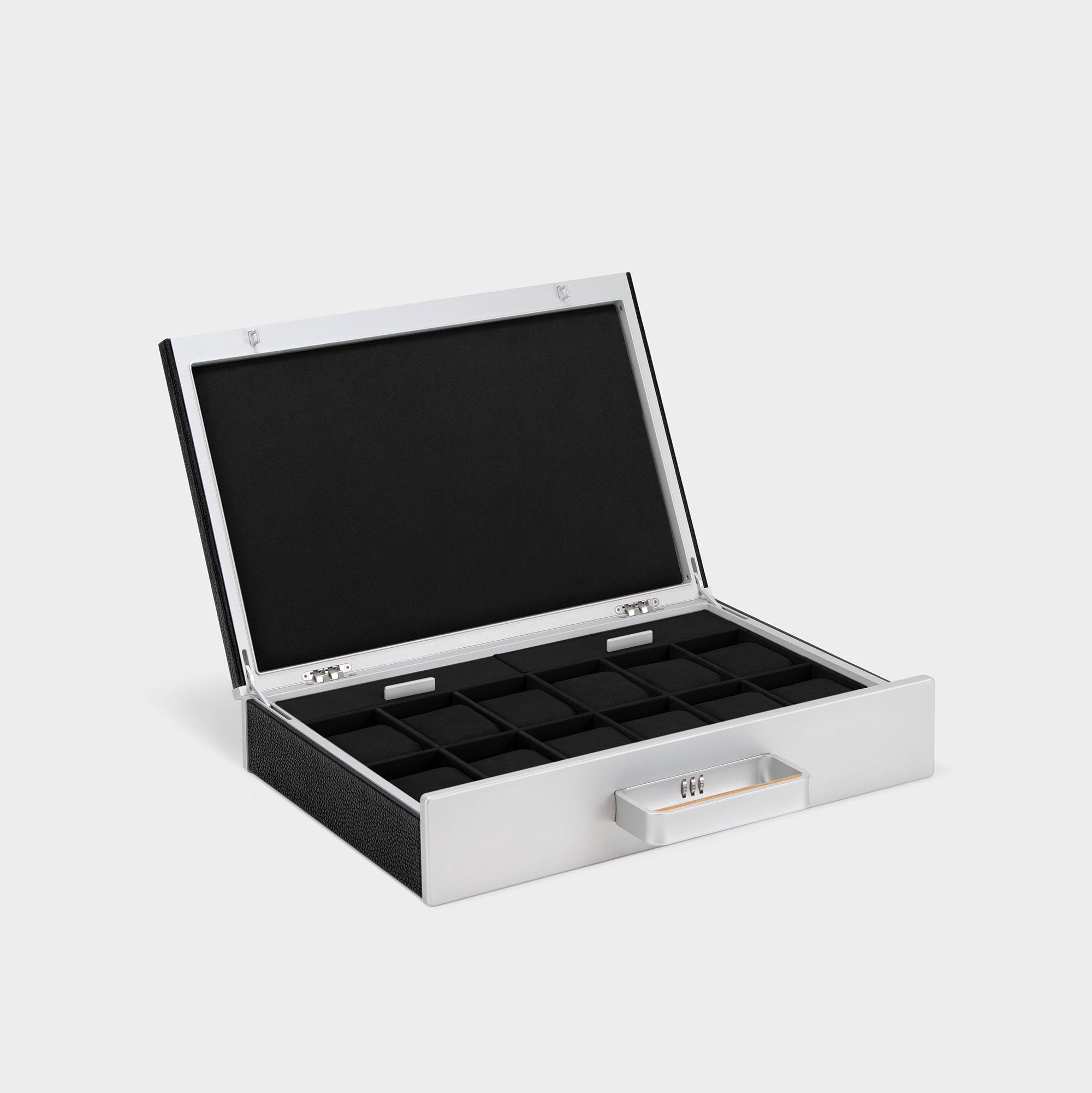 Charles Simon Mackenzie 12 Watch briefcase in black leather, black Alcantara lining, grey aluminum and a handle detail crafted from recycled wood