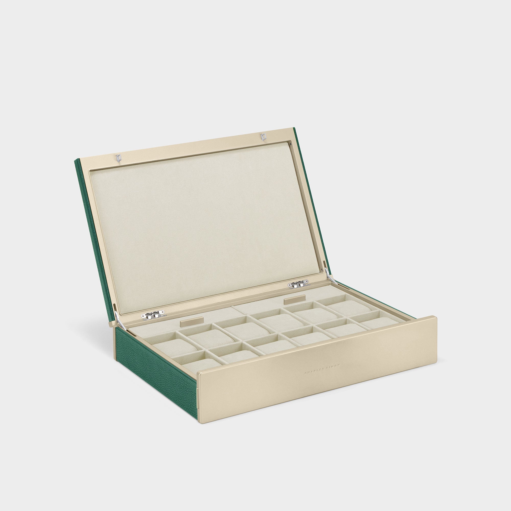 Product photo of Spence 12 Watch box in emerald leather and eggshell interior for up to 12 watches