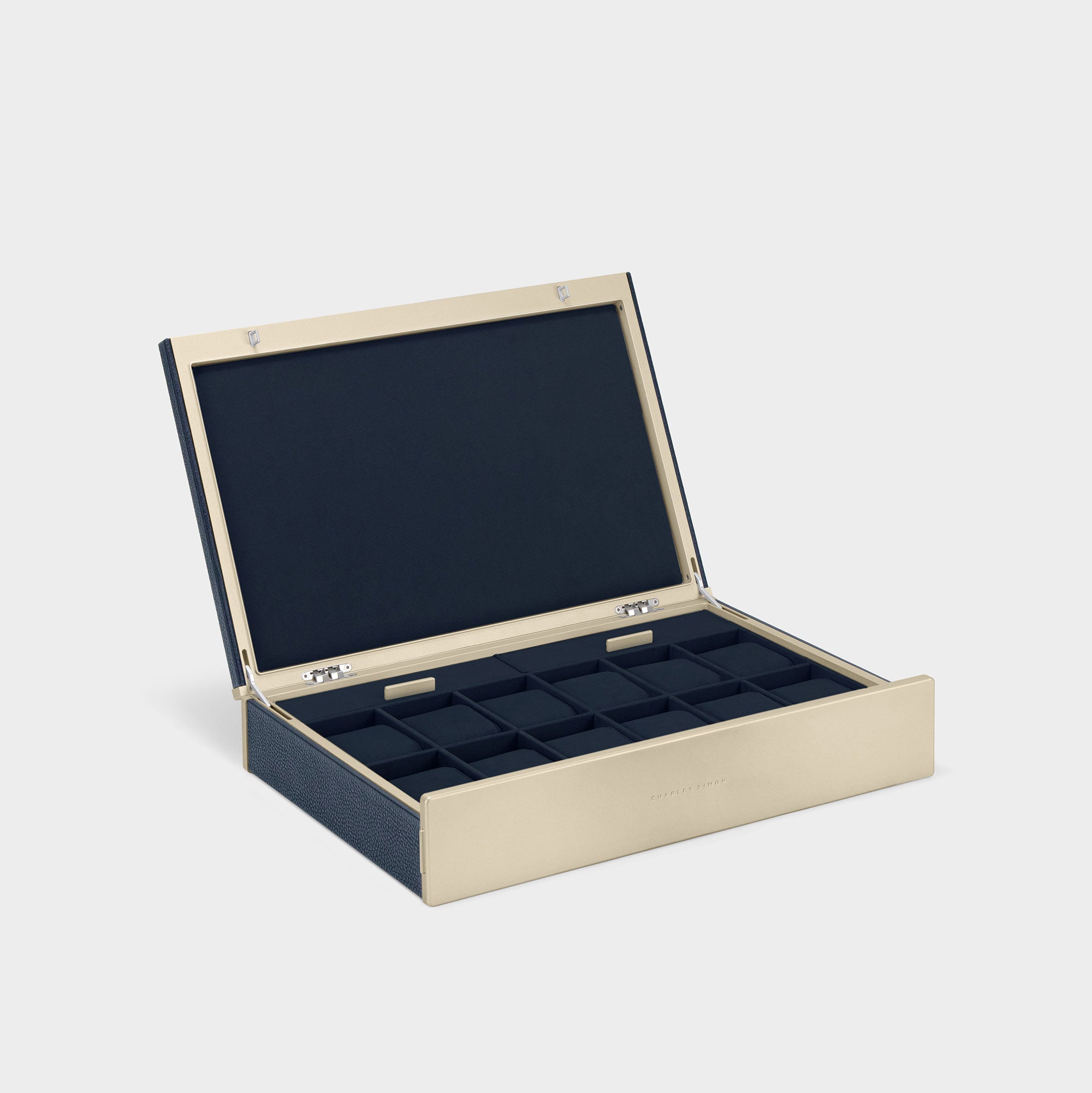 Product photo of Spence 12 Watch box in marine leather and deep blue interior for up to 12 watches