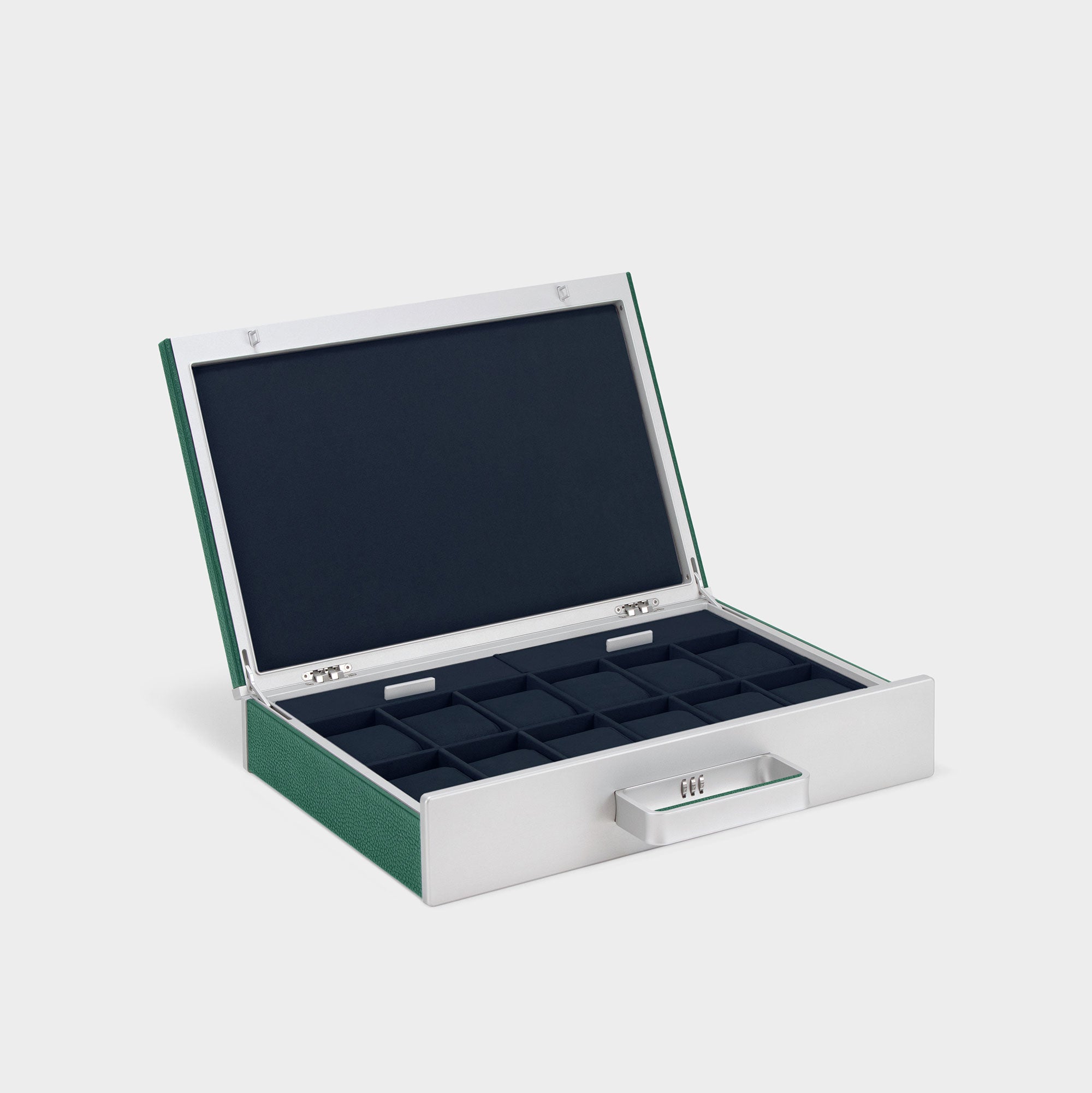 Handmade watch briefcase for up to 12 watches in emerald leather and deep blue Alcantara interior