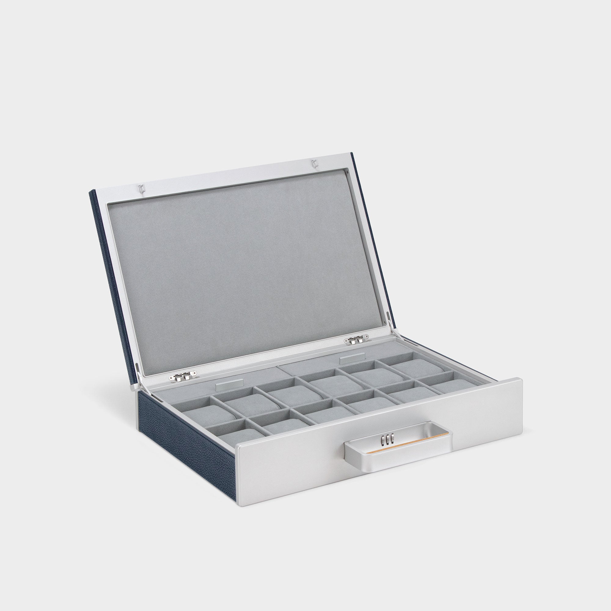 Mackenzie watch briefcase 12 for watch collection of up to 12 watches in marine leather and fog grey Alcantara interior with wooden handle