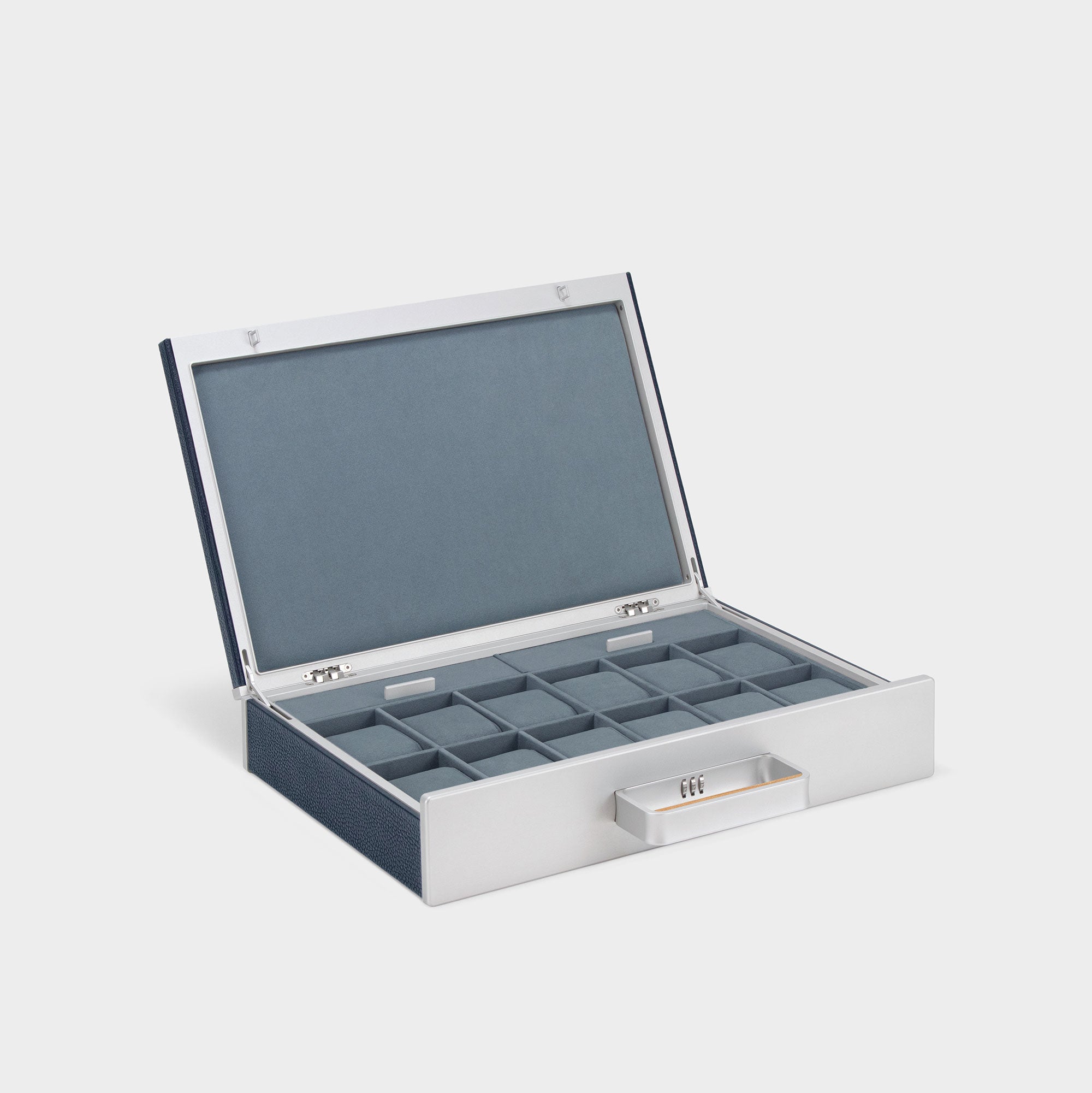 Mackenzie watch briefcase 12 for watch collection of up to 12 watches in marine leather and smoky blue Alcantara interior with wooden handle