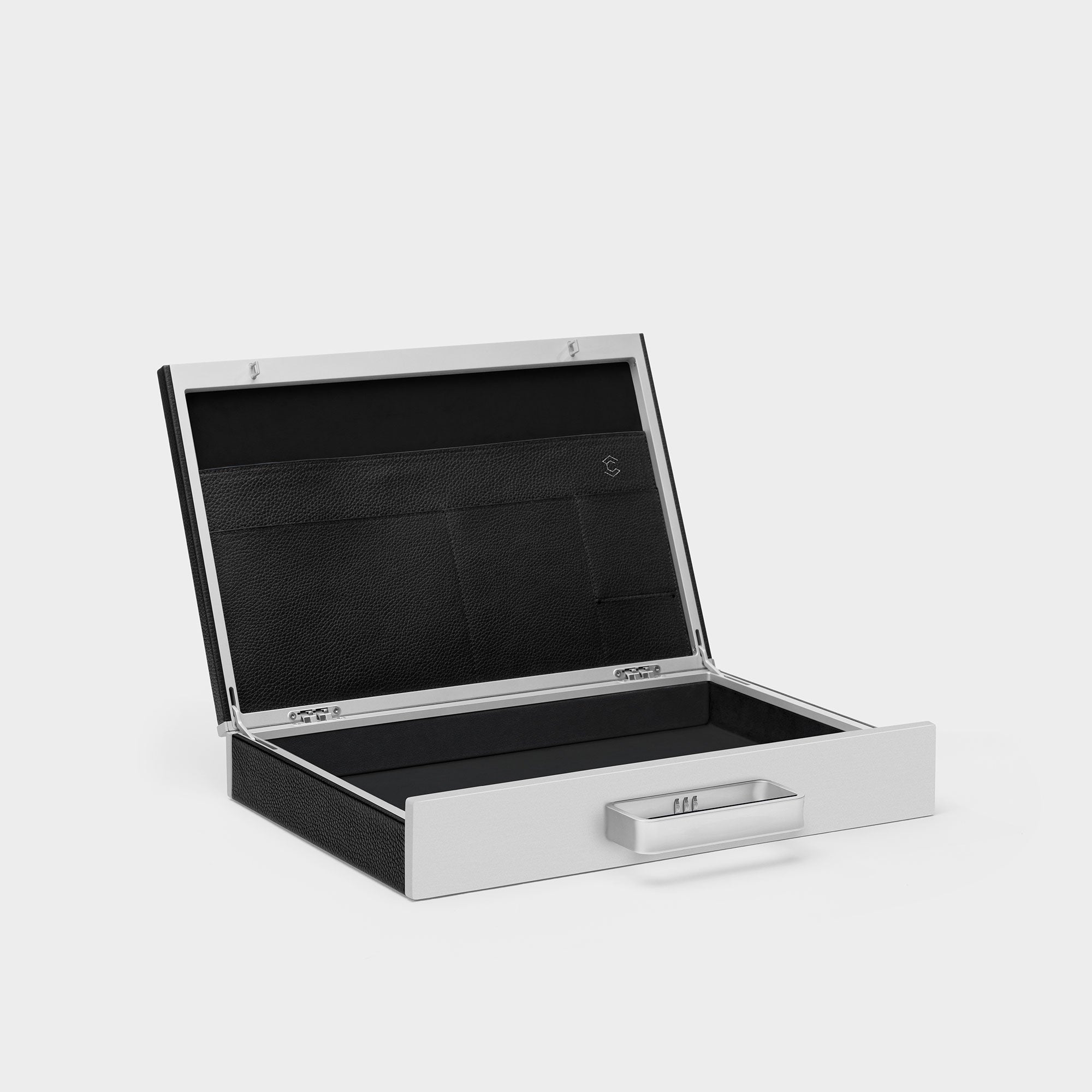 Product photo of open Mackenzie Briefcase in black and grey showcasing the luxury briefcase's interior leather storage compartments