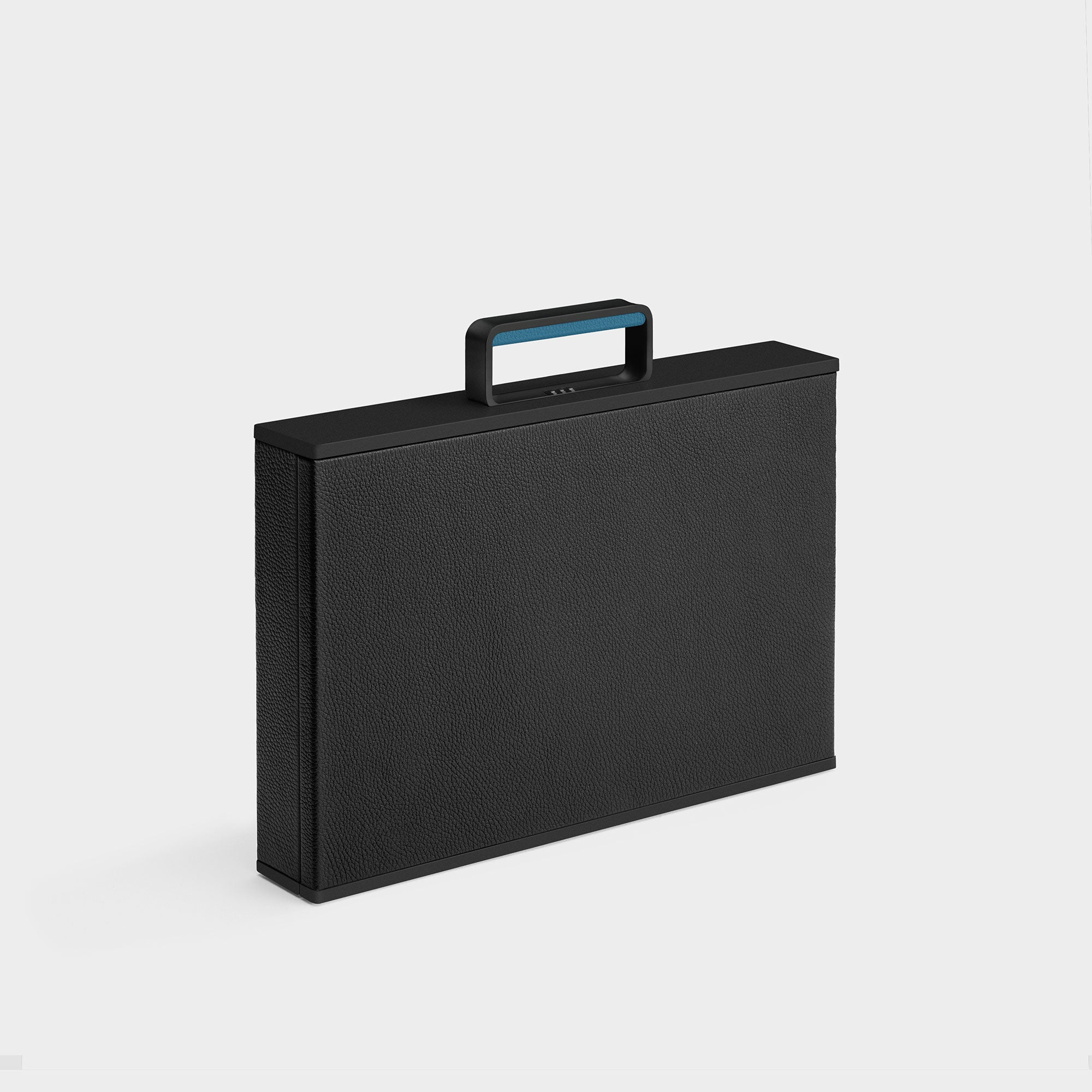 Designer watch briefcase for 10 watches in all black leather with contrasting sky blue handle accent