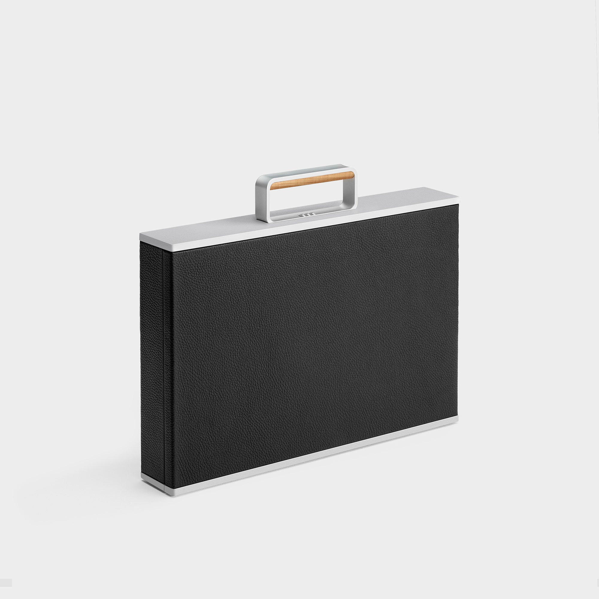 Product photo of Charles Simon Mackenzie 12 watch briefcase in black with wood handle front view