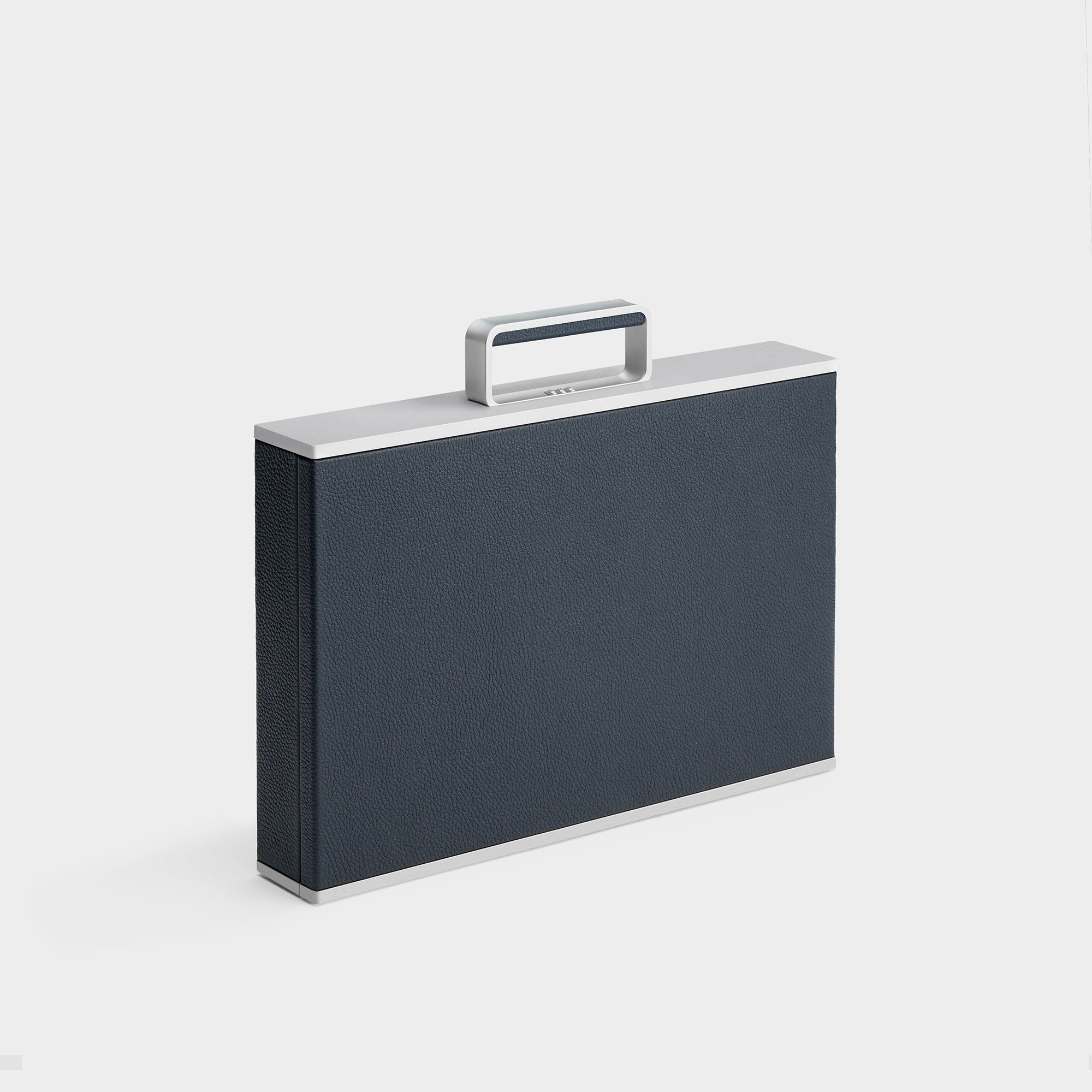 Product photo showing diagonal view of Mackenzie watch briefcase in marine leather, Alcantara interior and carbon fiber and anodized aluminum frame for up to 10 watches
