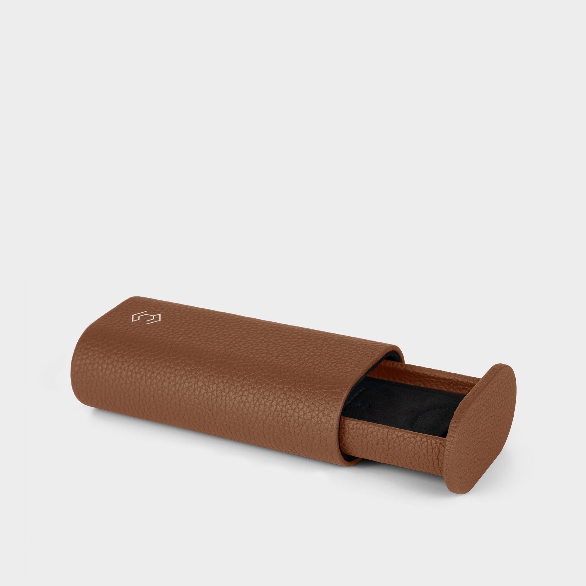 Product photo of open Oscar 1 Tall Leather Watch roll by Charles Simon. Handmade from tan leather.