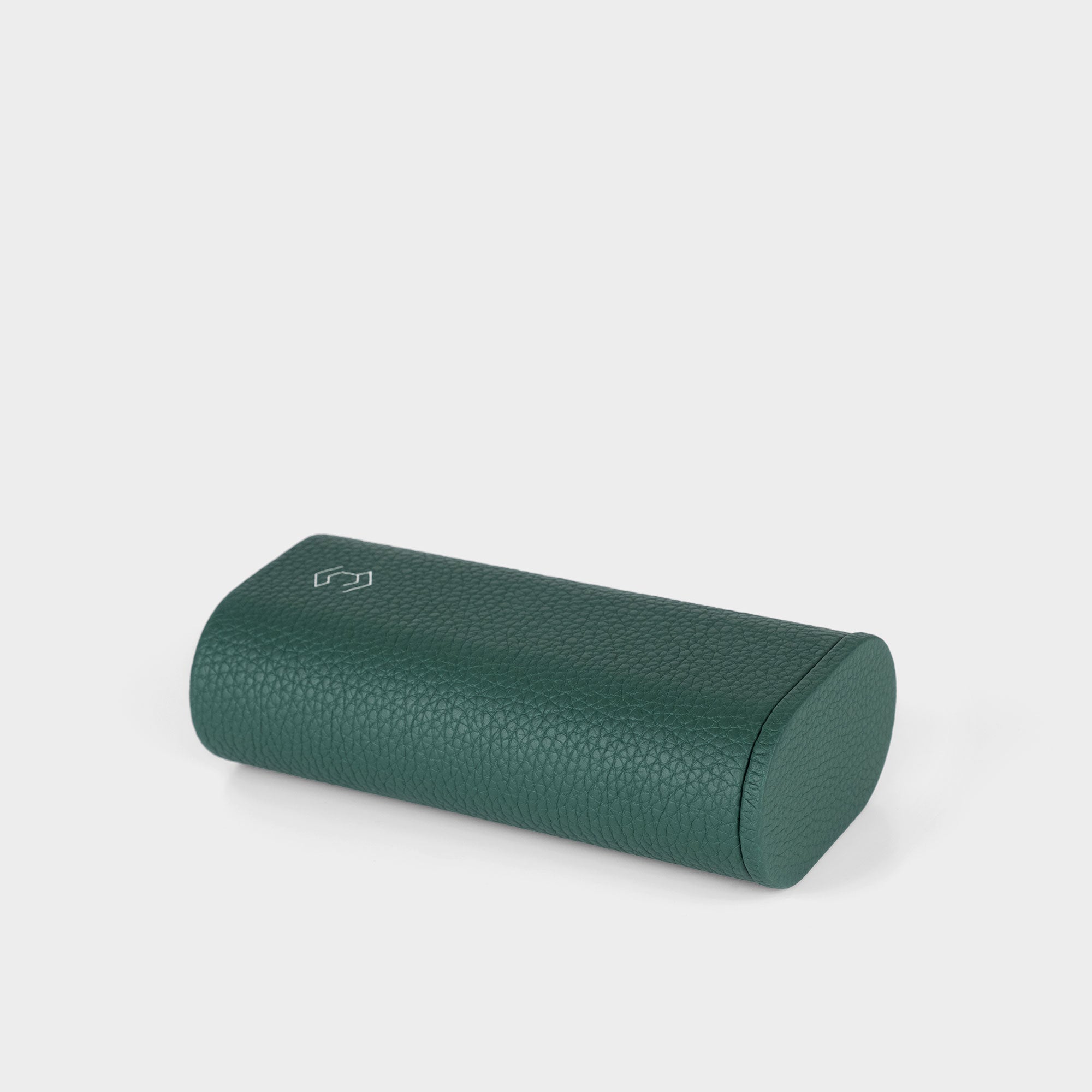 Product photo of closed Oscar 1 Tall Travel Watch roll in emerald leather for one watch with a leather watch strap