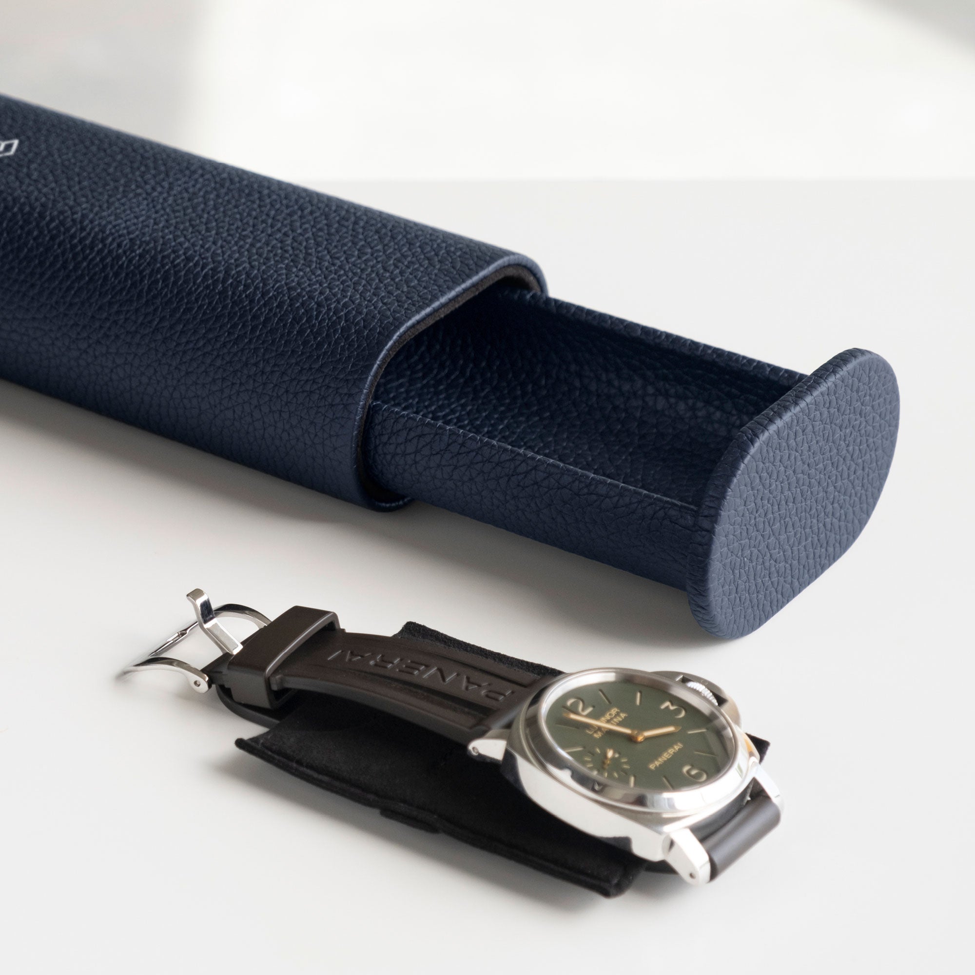 Leather watch roll marine leather, single watch travel case with strap, durable premium build for secure transportation.