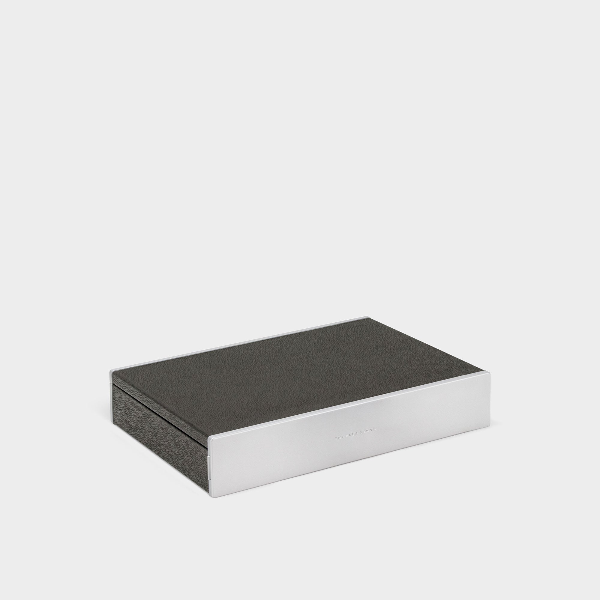Product photo of closed graphite designer watch box by Charles Simon. Handcrafted in Canada.