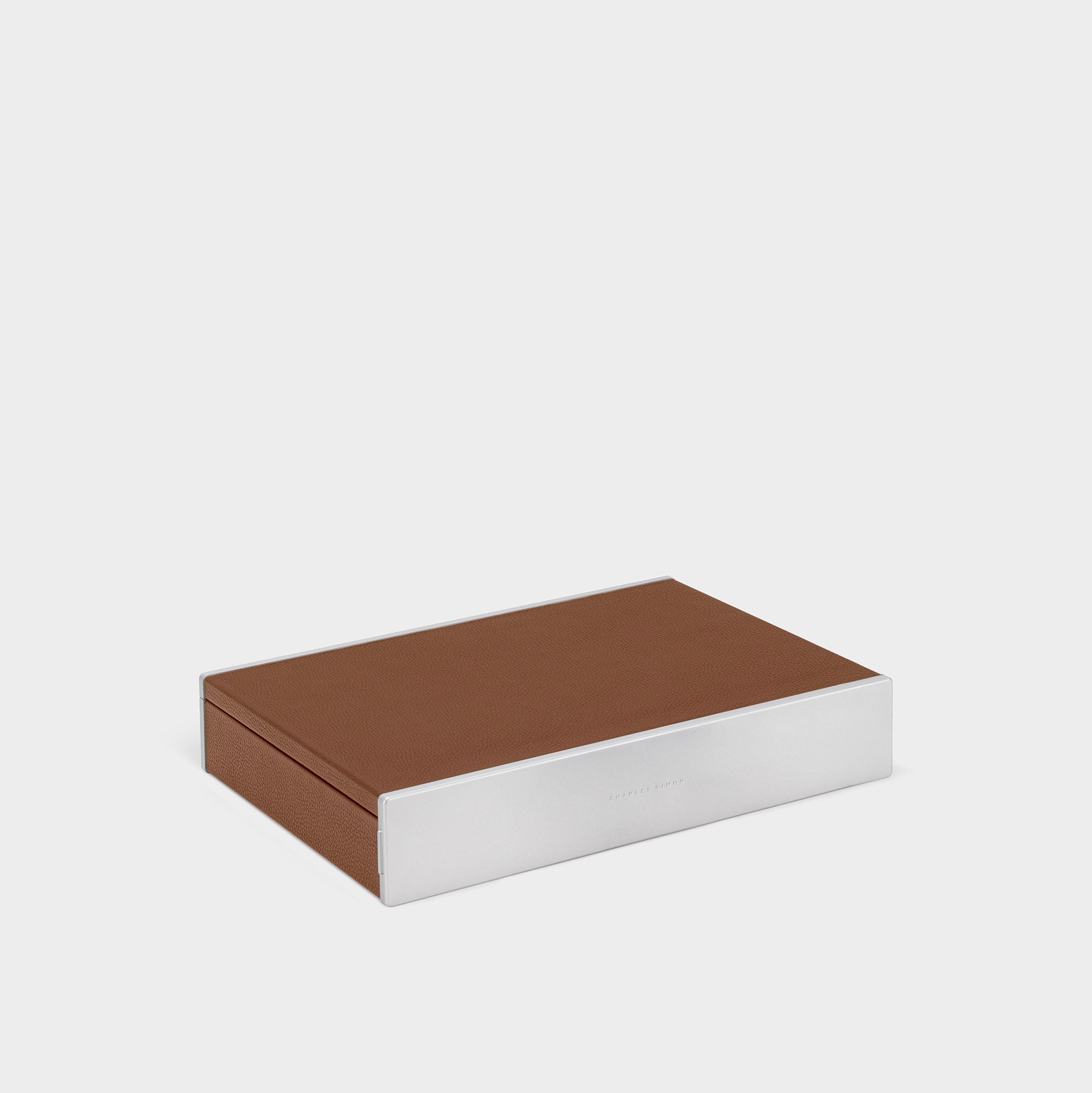 Product photo of closed tan designer watch box by Charles Simon. Handcrafted in Canada.