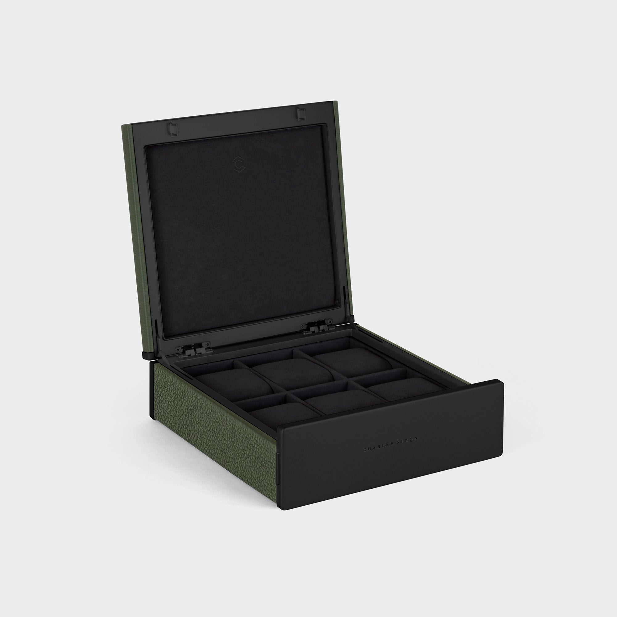 Handmade watch box for 6 watches in khaki leather, carbon fiber and anodized aluminum casing and Notte Alcantara interior