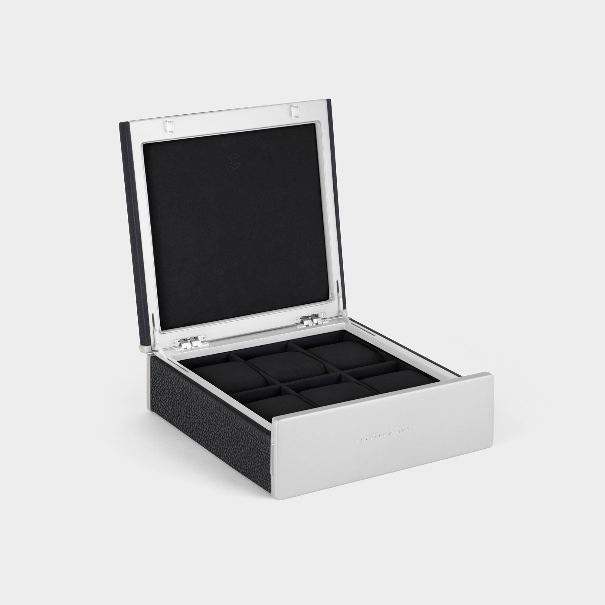 Handmade watch box for 6 watches in black leather, carbon fiber and anodized aluminum casing and Alcantara interior