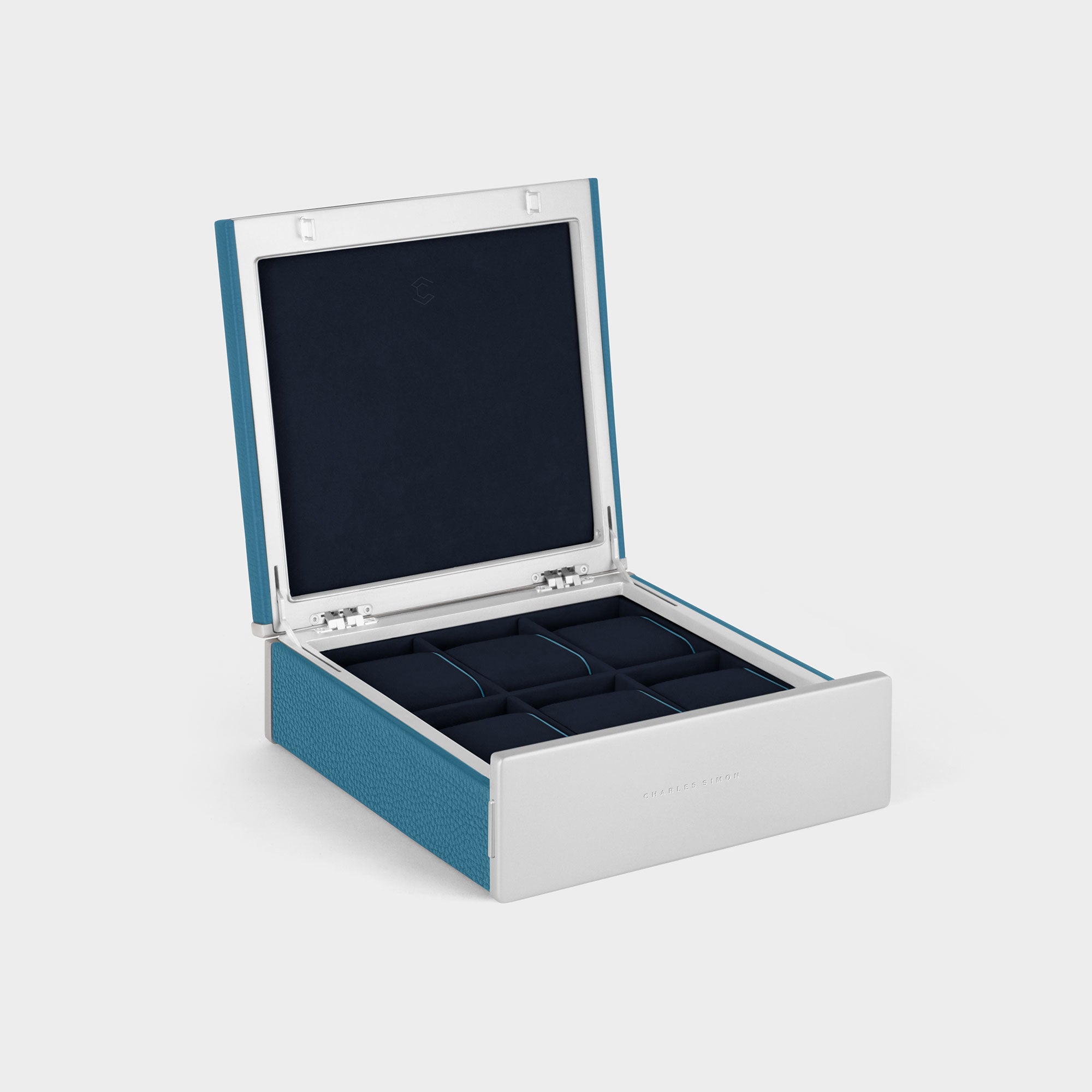 Handmade watch box for 6 watches in sky blue leather, carbon fiber and anodized aluminum casing and deep blue Alcantara interior