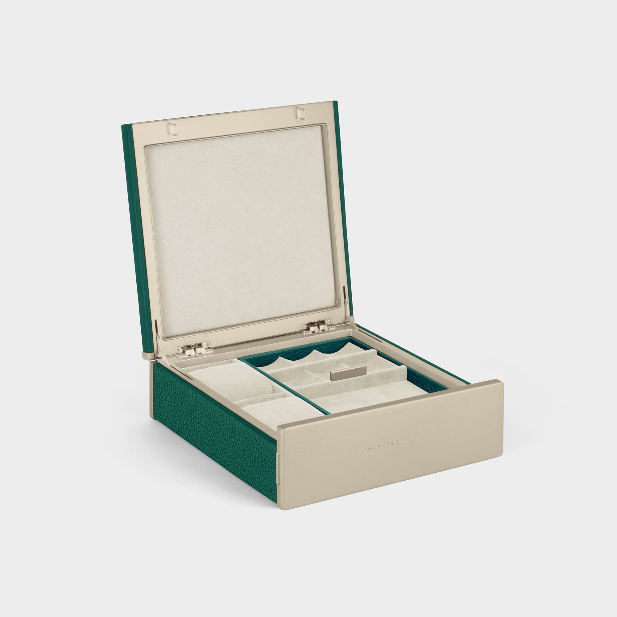 Product photo of open Taylor 2 Watch and jewelry box in emerald leather and golden accents. Handmade in Canada.