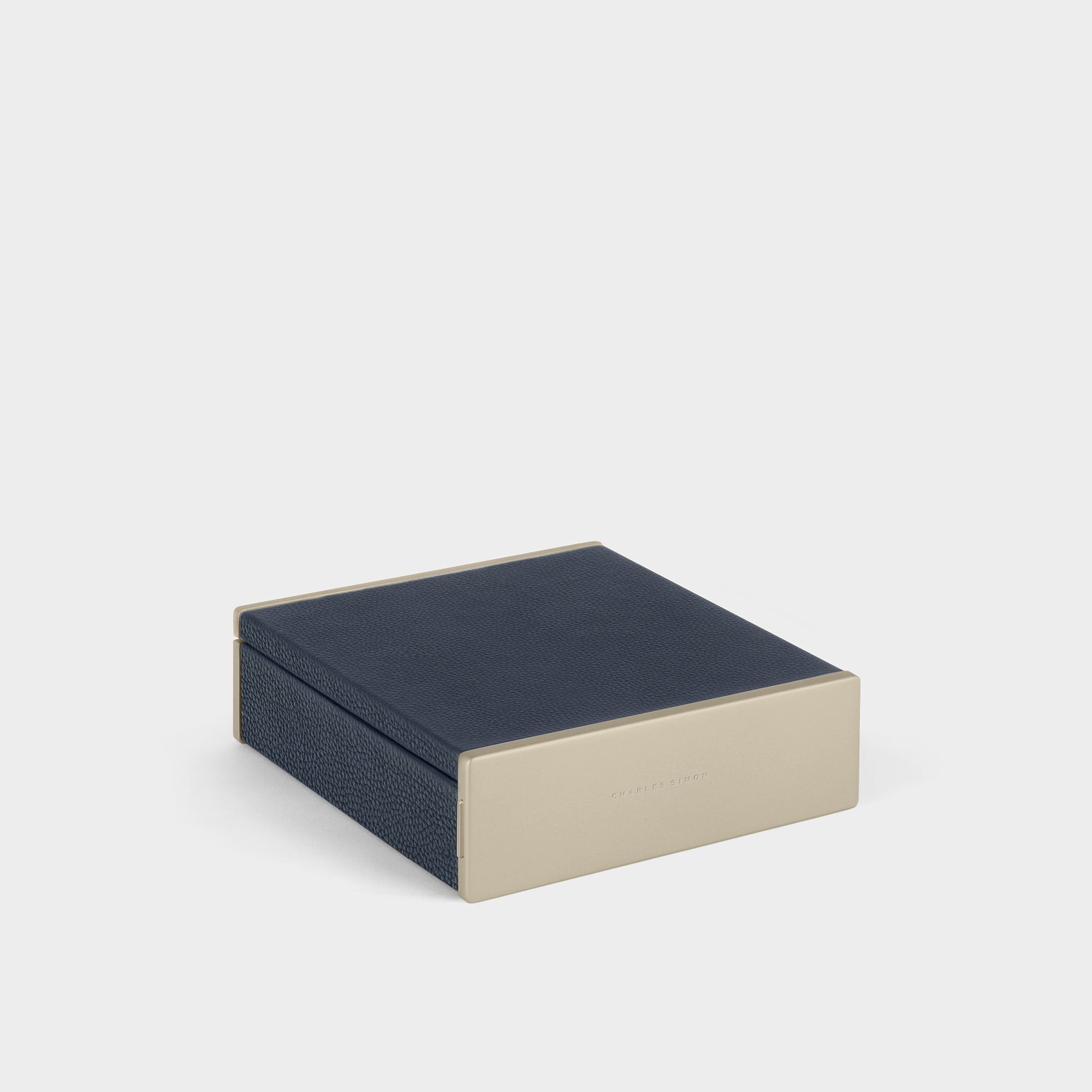 Product photo of closed marine leather Taylor 2 Watch and Jewelry box for 2 watches and a complete collection of jewelry. Featuring convenient organization compartments.