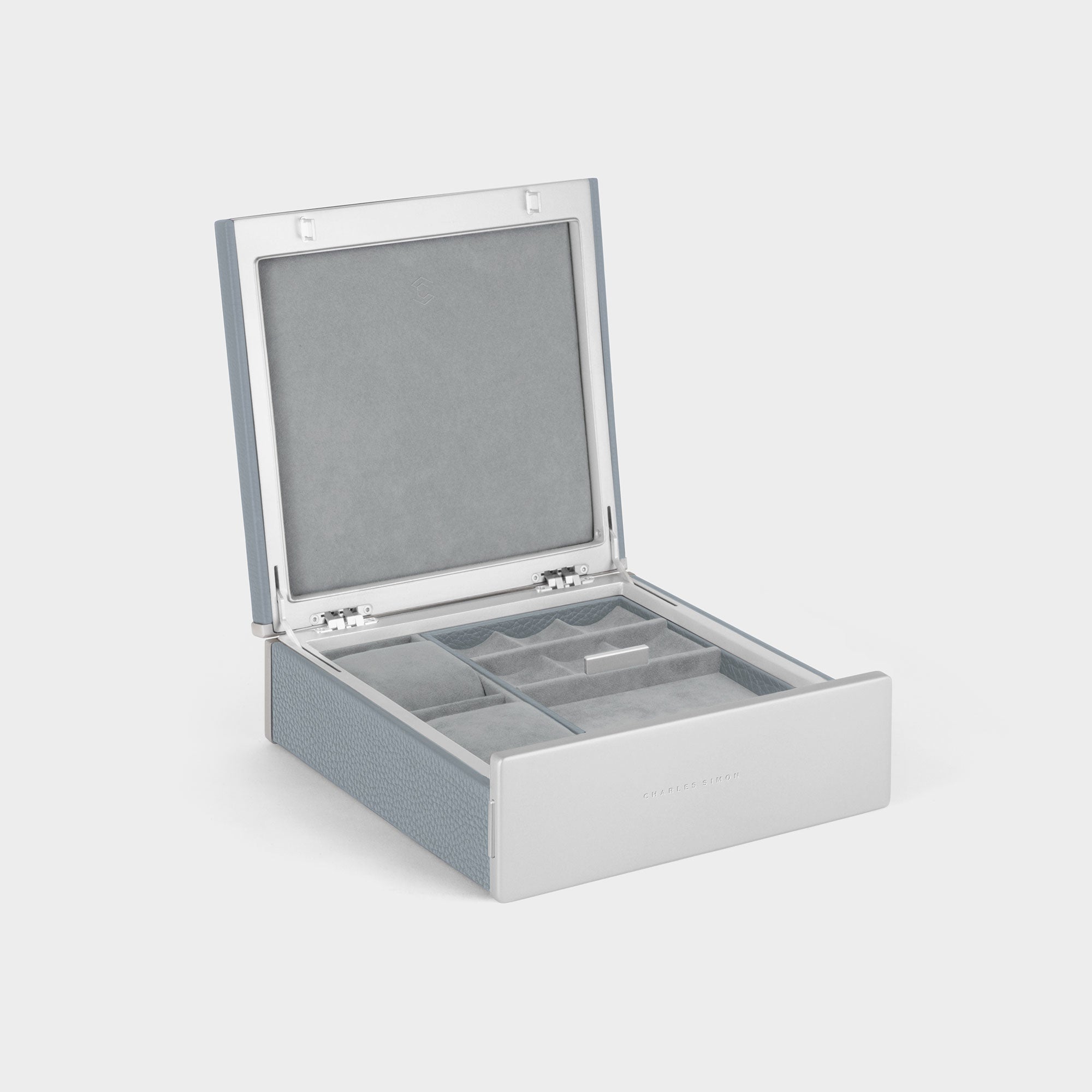 Product photo of open Taylor 2 Watch and Jewelry box in cloud grey leather and fog grey interior showing jewelry storage compartments and two watch cushions