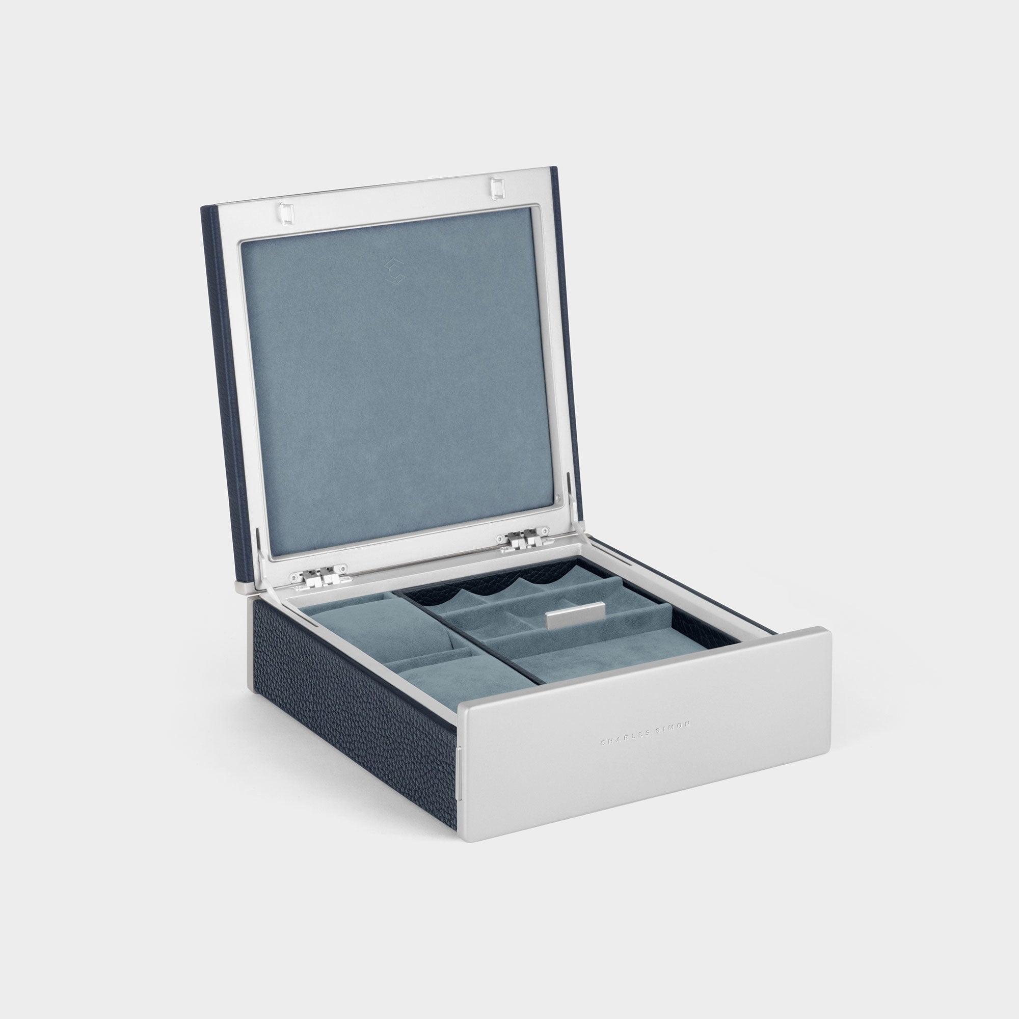 Product photo of open Taylor 2 Watch and Jewelry box in marine leather and smoky blue interior showing jewelry storage compartments and two watch cushions