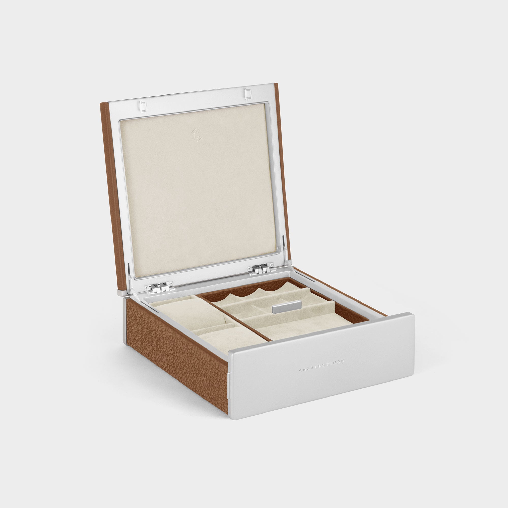 Product photo of open Taylor 2 Watch and Jewelry box in tan leather and eggshell interior showing jewelry storage compartments and two watch cushions