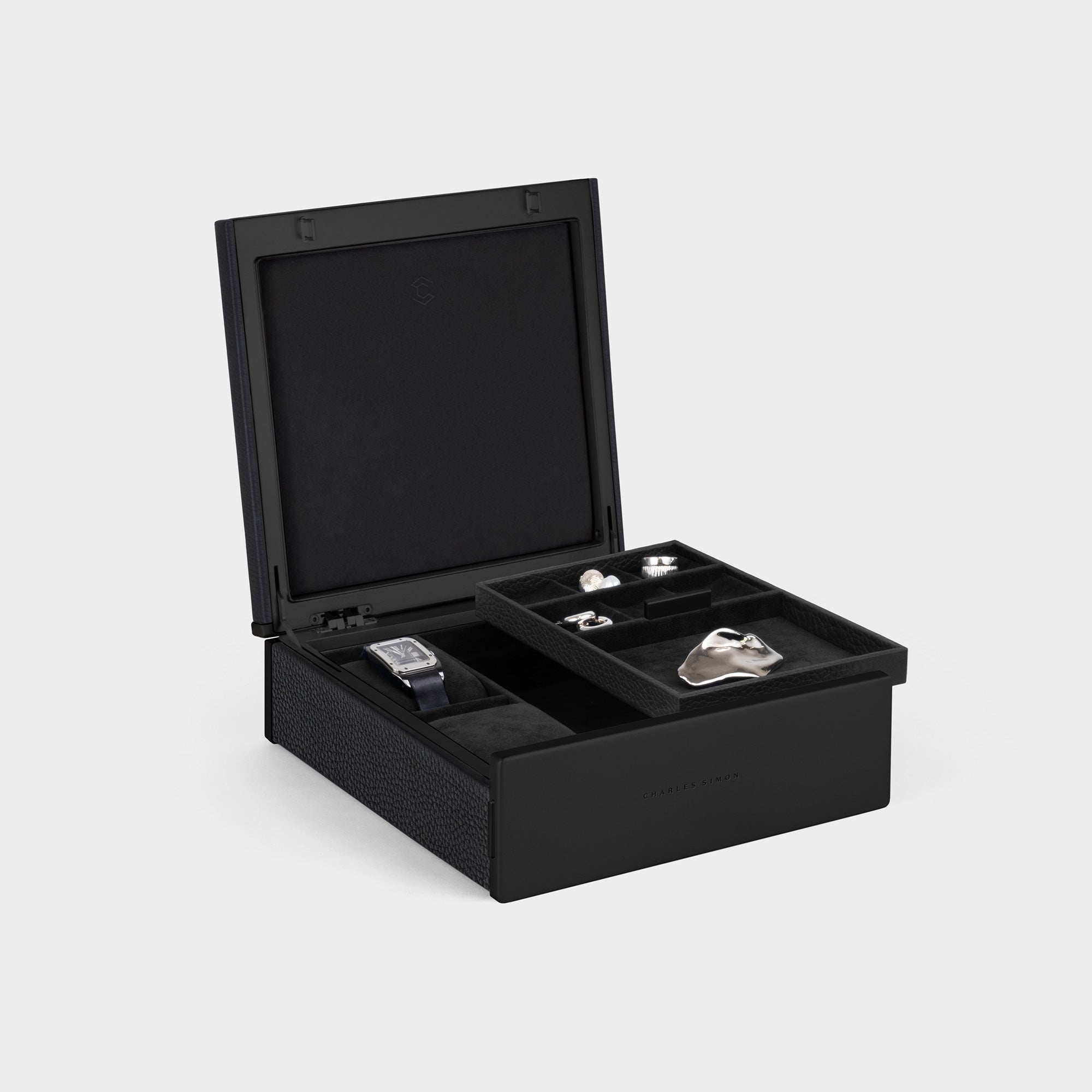 Product photo of all black Taylor 2 Watch and Jewelry box displaying 2 watches and organizing an entire jewelry collection at home