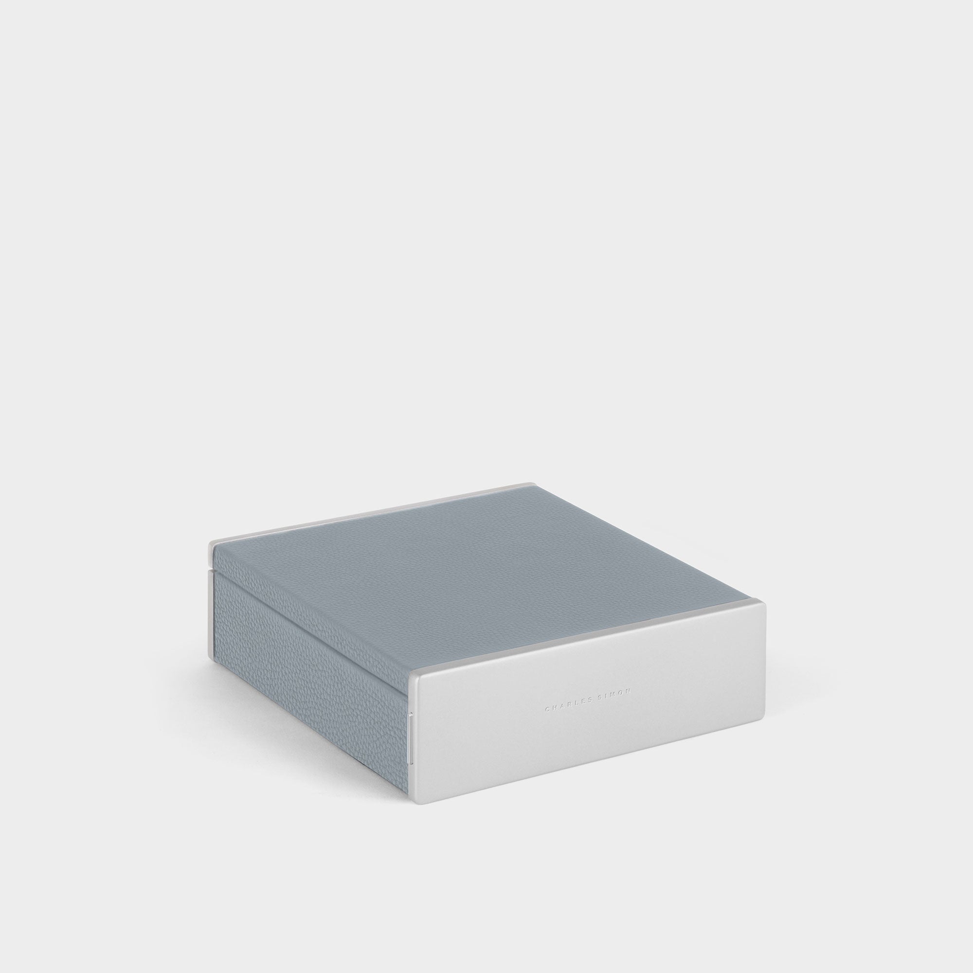Product photo of closed Charles Simon Taylor 2 Watch and Jewelry box in cloud grey leather and fog grey Alcantara interior. Handmade in Canada.