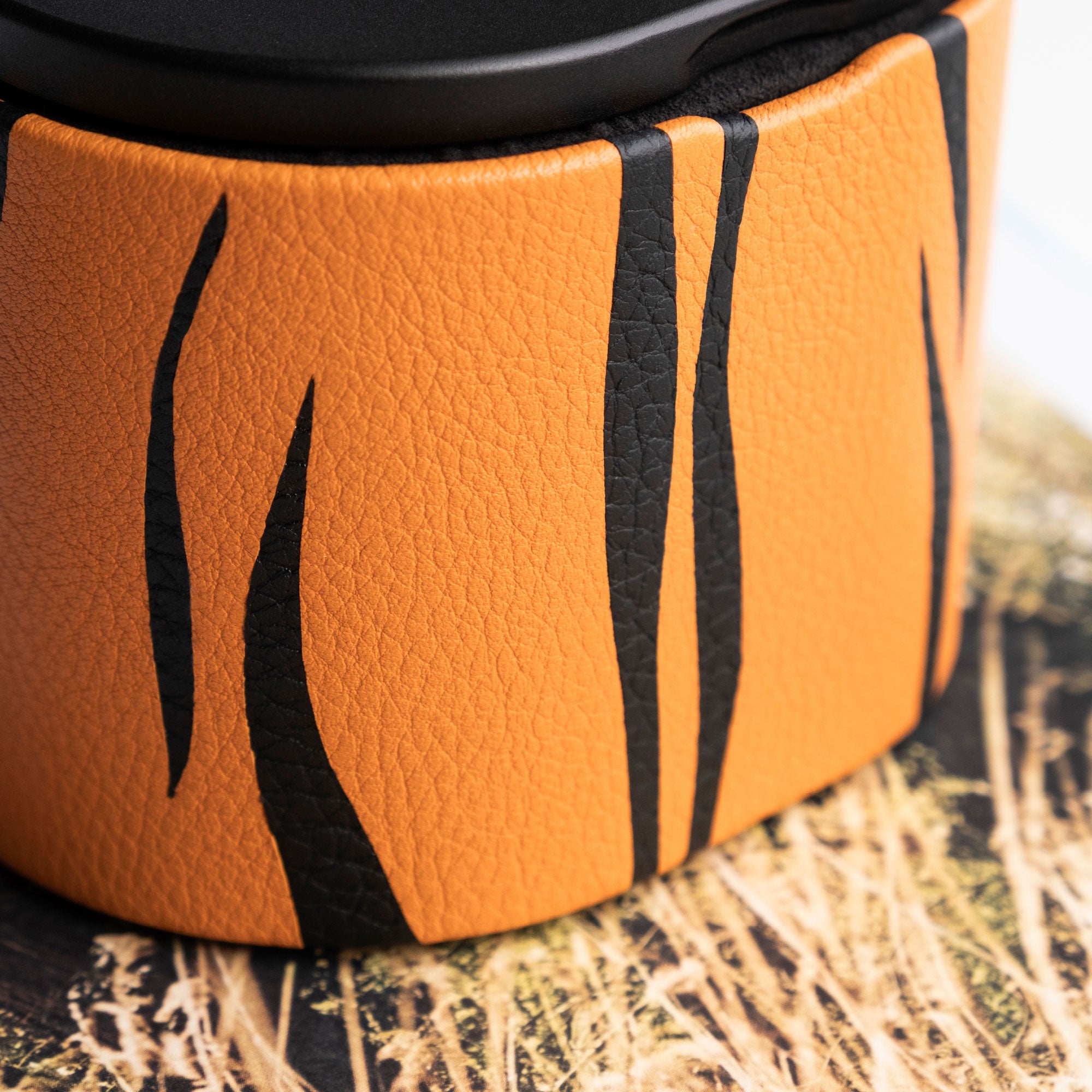 Detail photo of intricate marquetry on Tiger Watch roll by Charles Simon