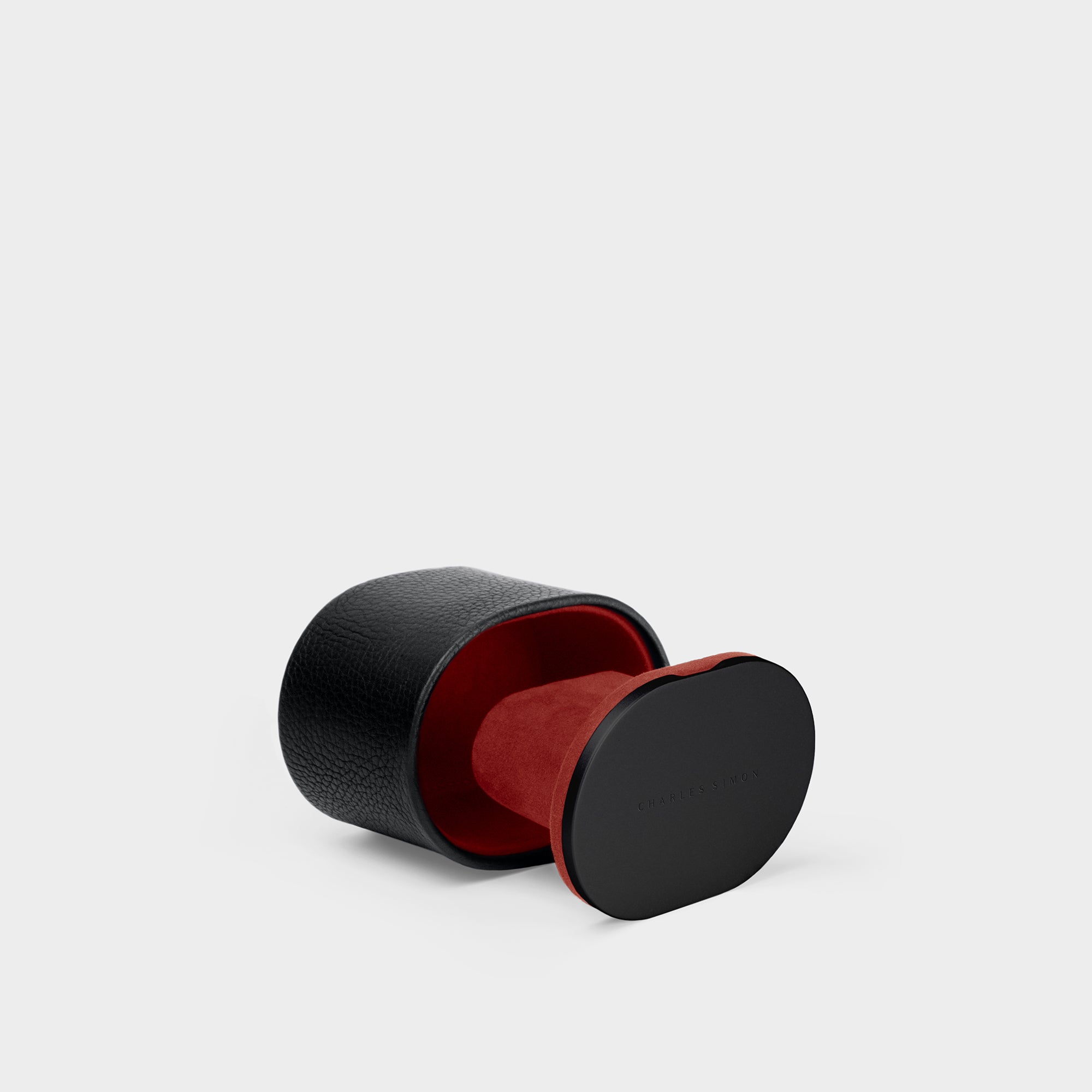 Open Theo watch roll in all black with Vermilion interior for one luxury watch