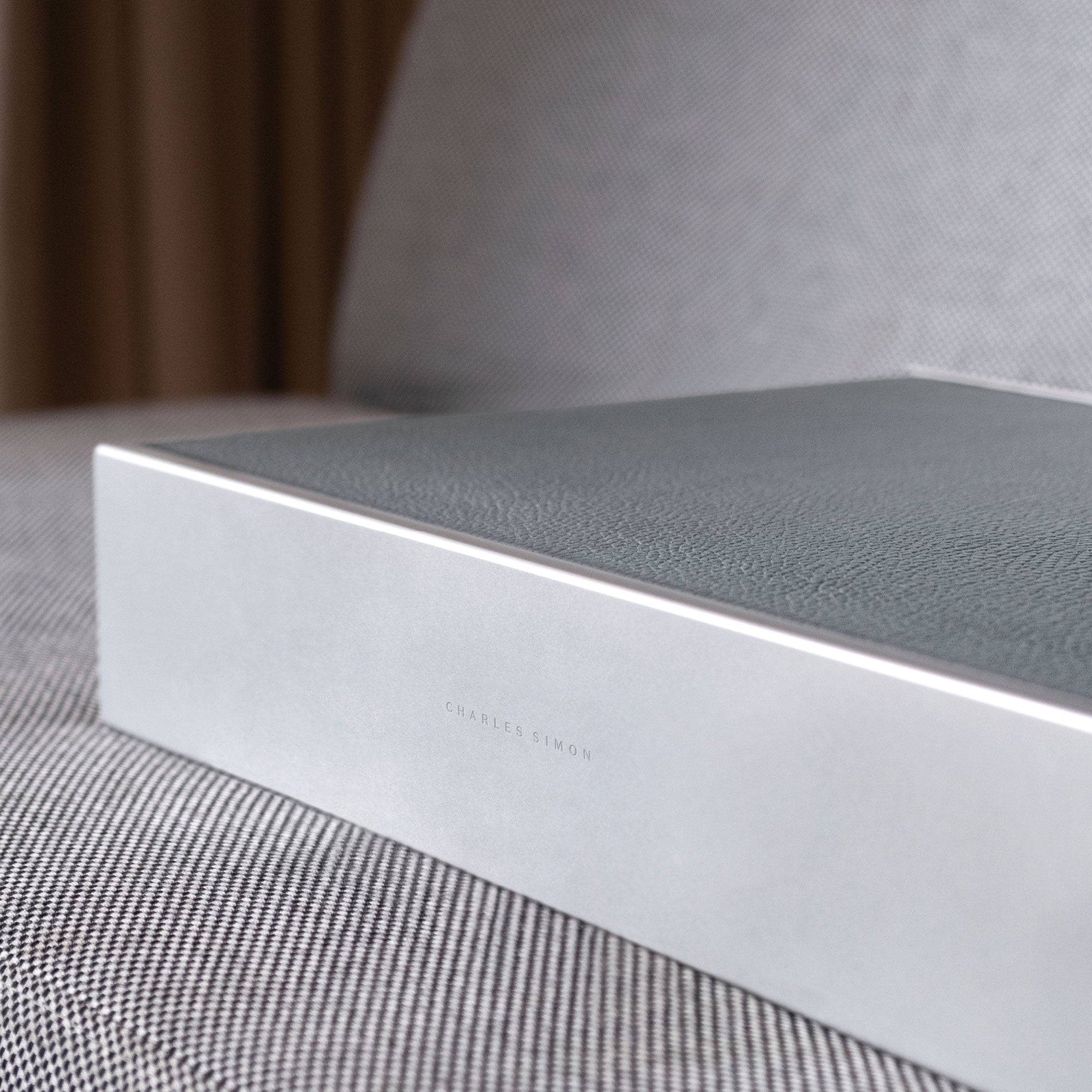 Closed cloud grey leather Spence 12 Watch box. Handmade in Canada to store a watch collection of up to 12 watches