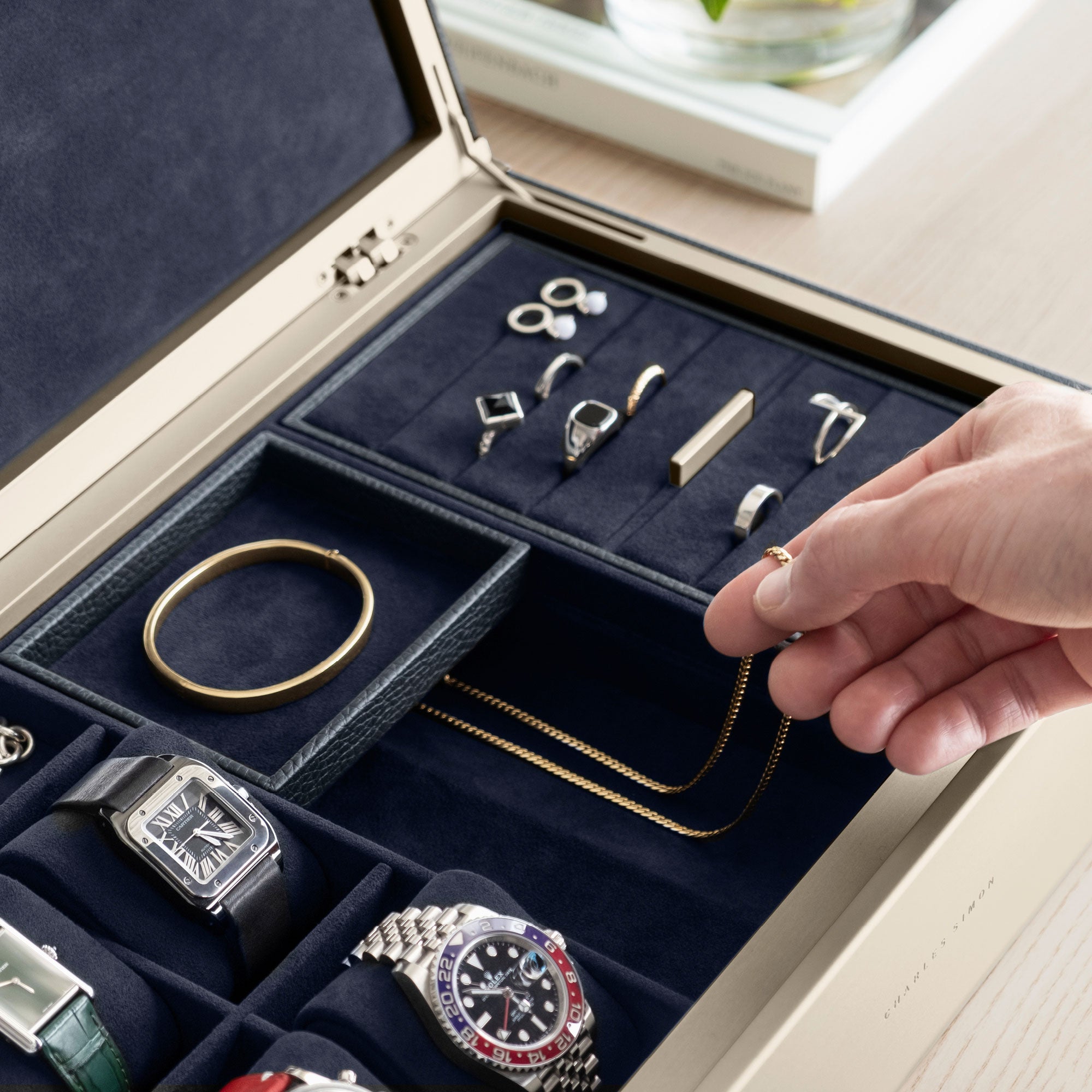 TAYLOR 4 WATCH AND JEWELRY BOX - MARINE / CHAMPAGNE