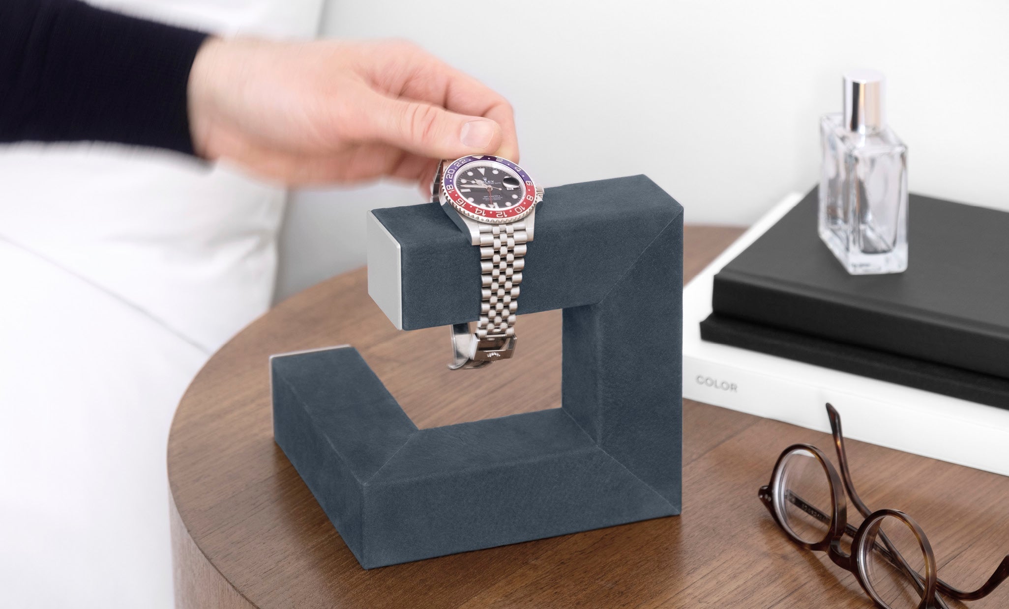 lifestyle shot of HUDSON 1 WATCH STAND with watch on top of it on the bedside table