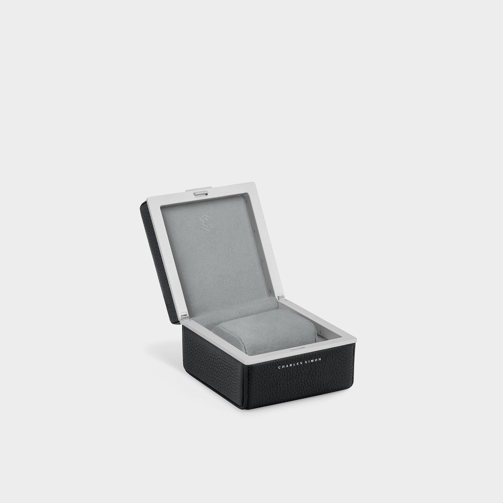 Eaton 1 watch case for 1 watch handmade from black French leather, anodized aluminum and grey Alcantara interior