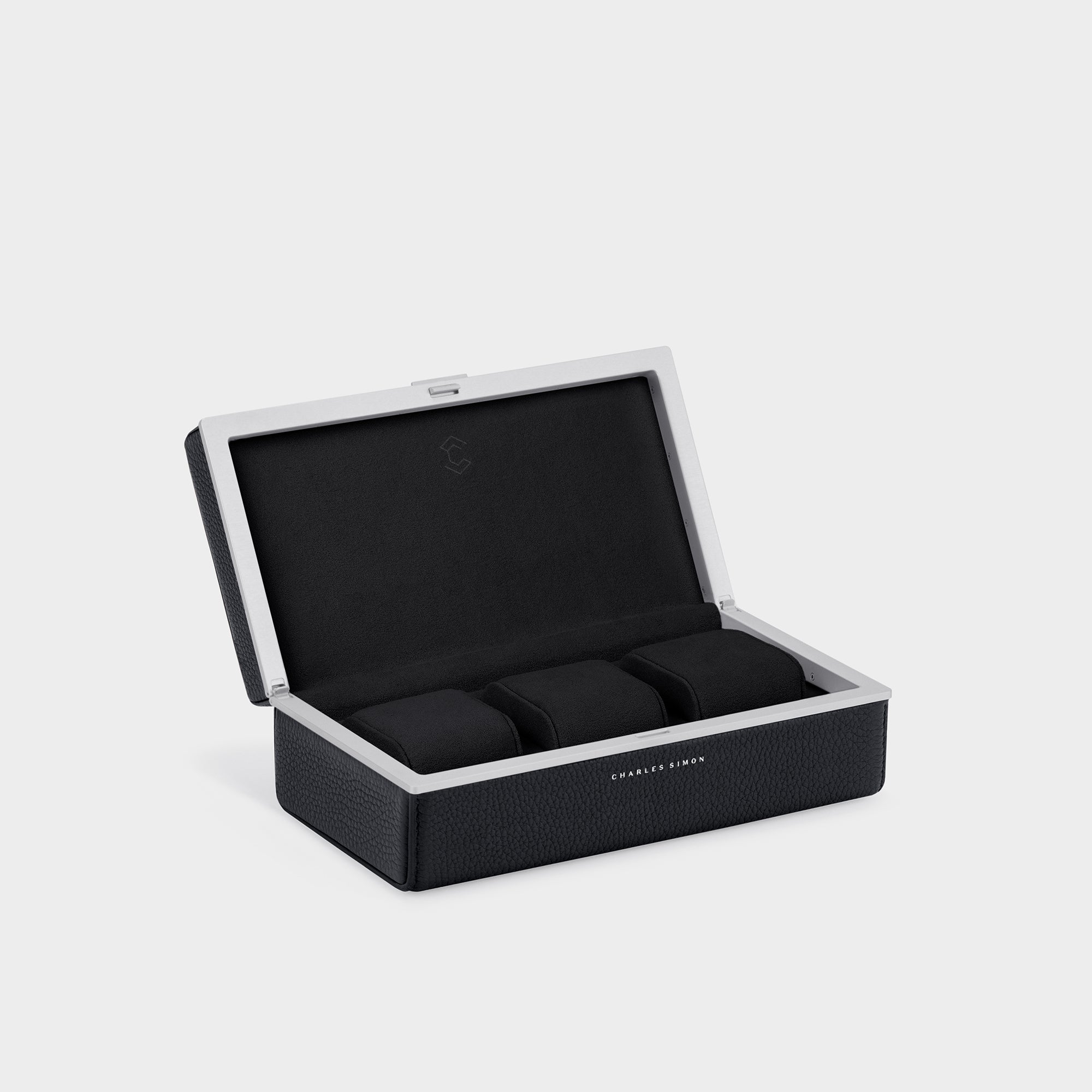 Charles Simon Eaton 3 watch case in black leather and grey anodized aluminum
