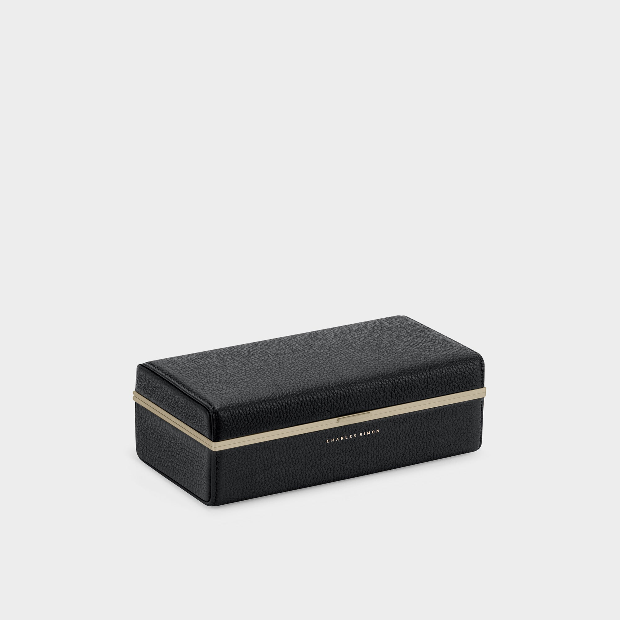 Product photo of closed black leather Eaton 3 Watch case from the Golden collection by Charles Simon. Handmade in Canada for a collection of up to 3 watches. 